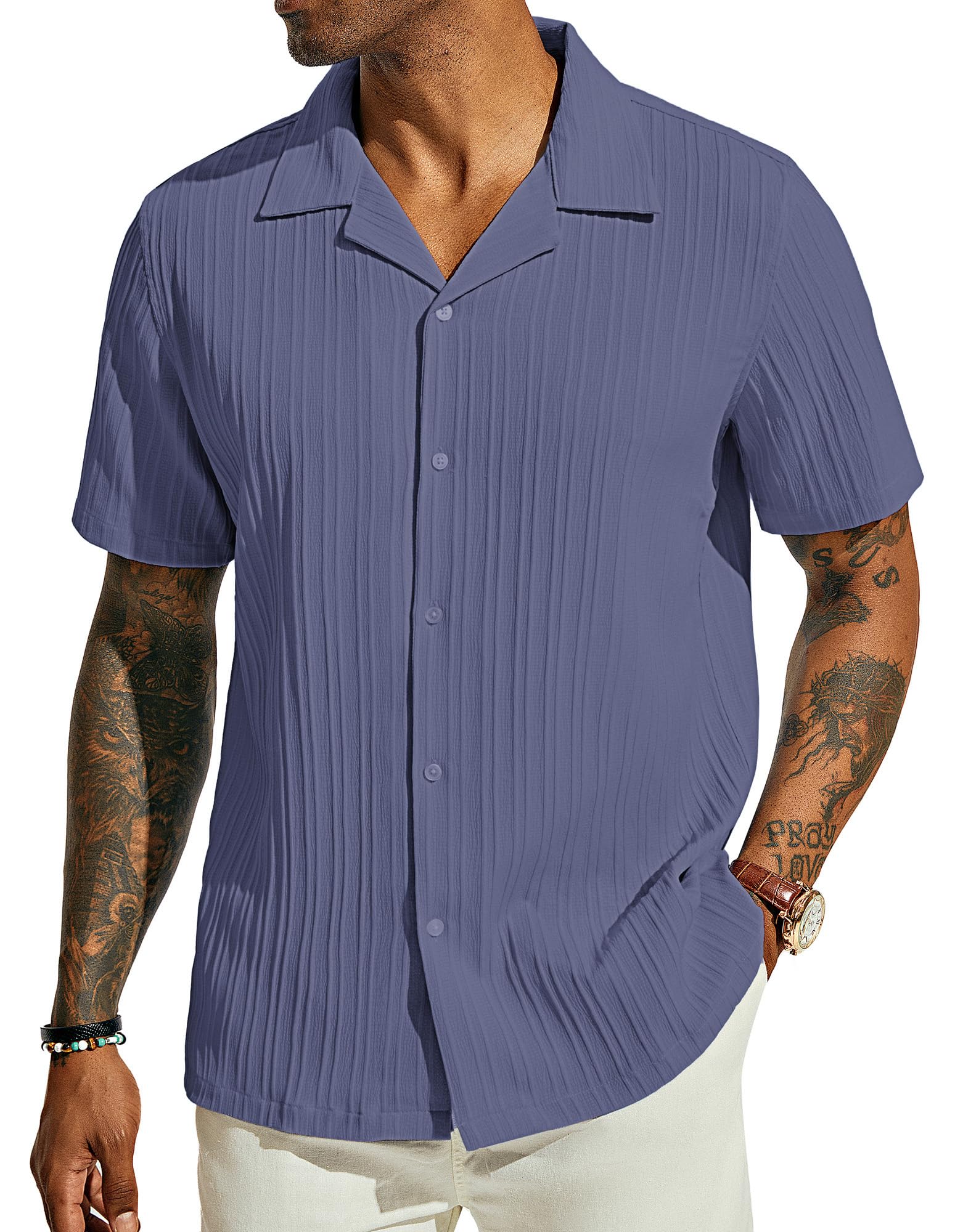PJ PAUL JONES Men's Casual Button Down Shirts - Short Sleeve Summer Textured Beach Wrinkle-Free Shirts