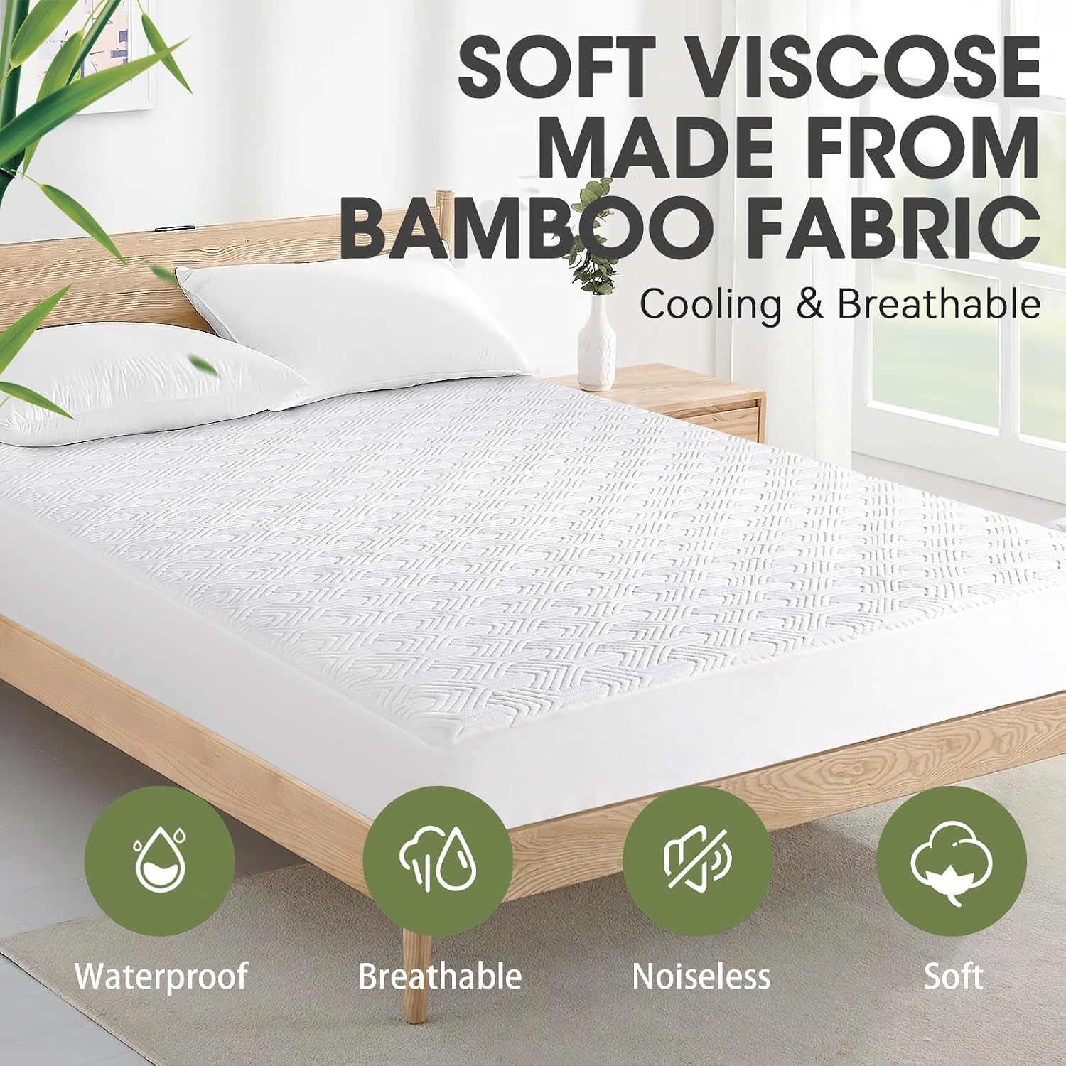 HYLEORY Queen Size Mattress Protector - Waterproof Bamboo-Viscose Cooling Mattress Pad Cover, Breathable 3D Air Fabric, Noiseless Washable Fitted Sheets Protectors with Deep Pocket Up to 21", White
