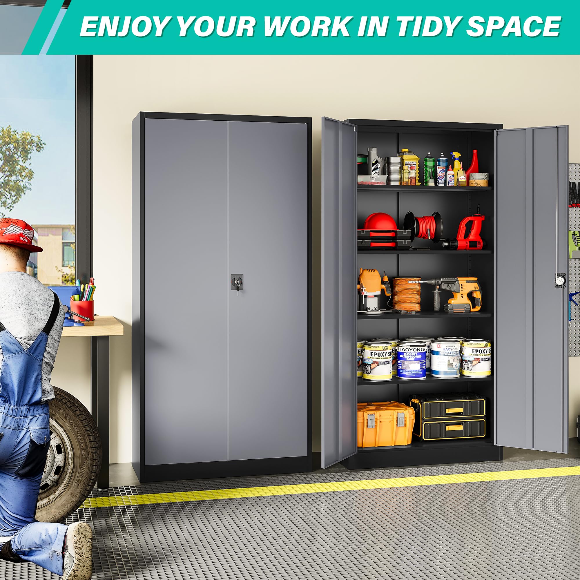 SISESOL Wide & Deep Metal Storage Cabinet with Wheels,Tall Rolling Garage Storage Cabinet with Lock,Black Metal Cabinets with Pegboards and Shelves,Tool Locker for Garage,Home,Office,43''Wx 20''Dx71"H