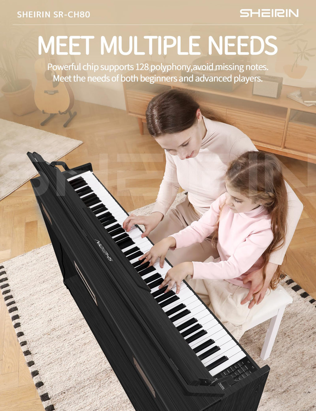 Digital Piano Hammer Action Keyboard 88 Keys Upright Acoustic Electric Weighted Piano Beginner MIDI Cover Full Size Sustain Pedal Stand Real Professional SR-FH80 (Beige Full Cover)