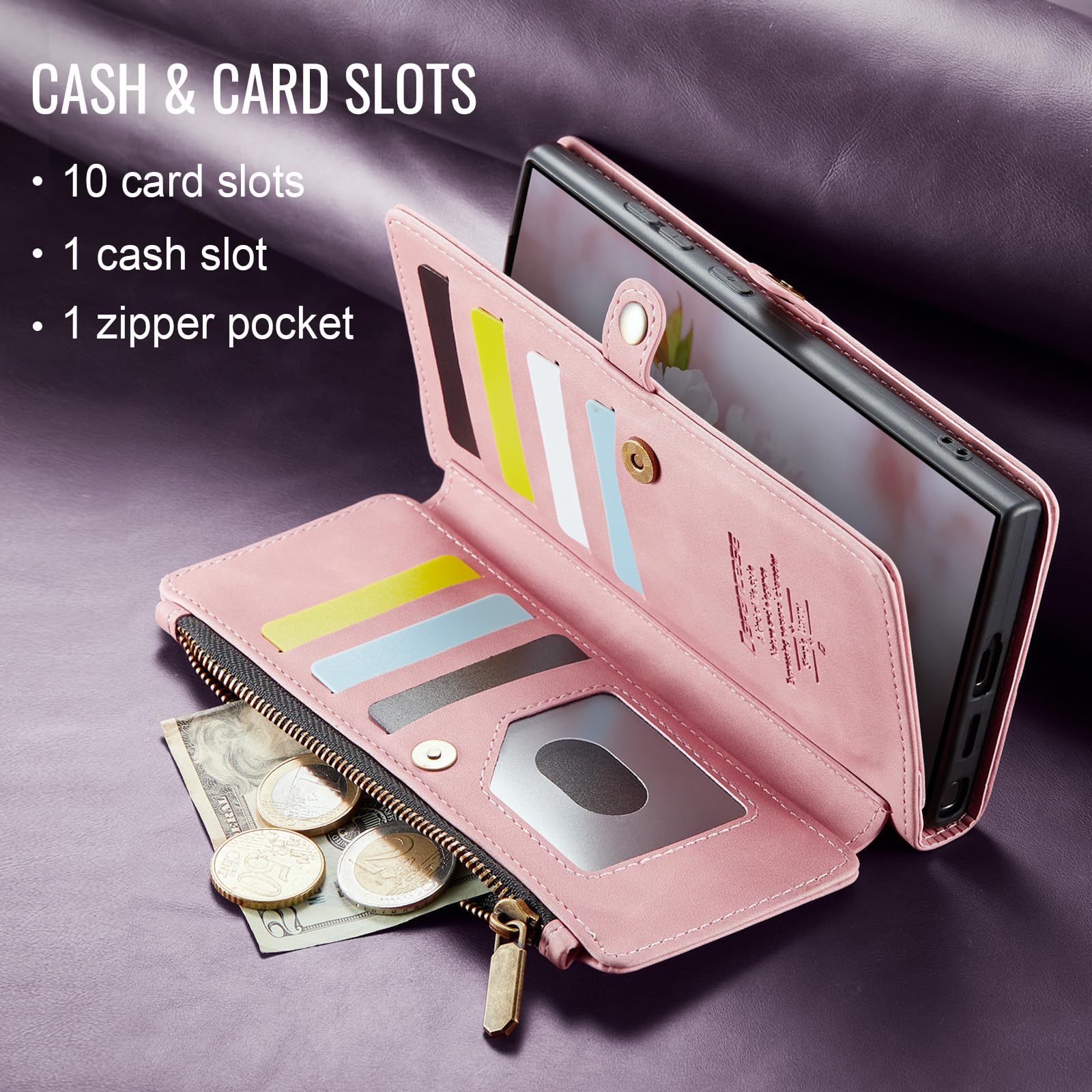 Defencase for Samsung Galaxy S25 Ultra Magnetic Wallet Case Compatible with Magsafe with RFID Blocking Zipper & Card Holder Women, PU Leather Detachable Phone Case for Galaxy S25 Ultra 6.9", Black
