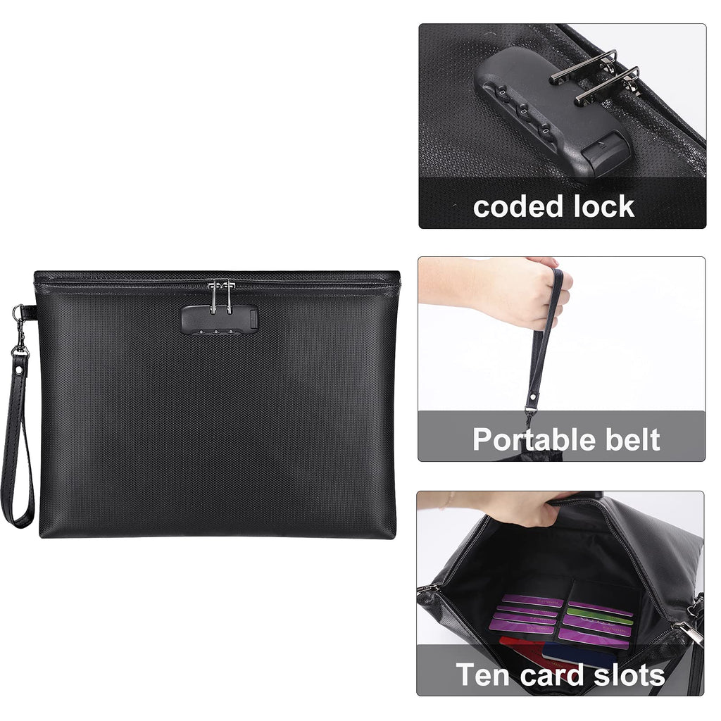 Fireproof Money Bag with Lock, 11.2"x7.6" Fireproof Cash Bag with Zipper Closure, Storage Pouch for A5 Size Document, Cheque, Cash, Cell Phone, Tablet, Credit Card, Passport, Jewelry (Black)