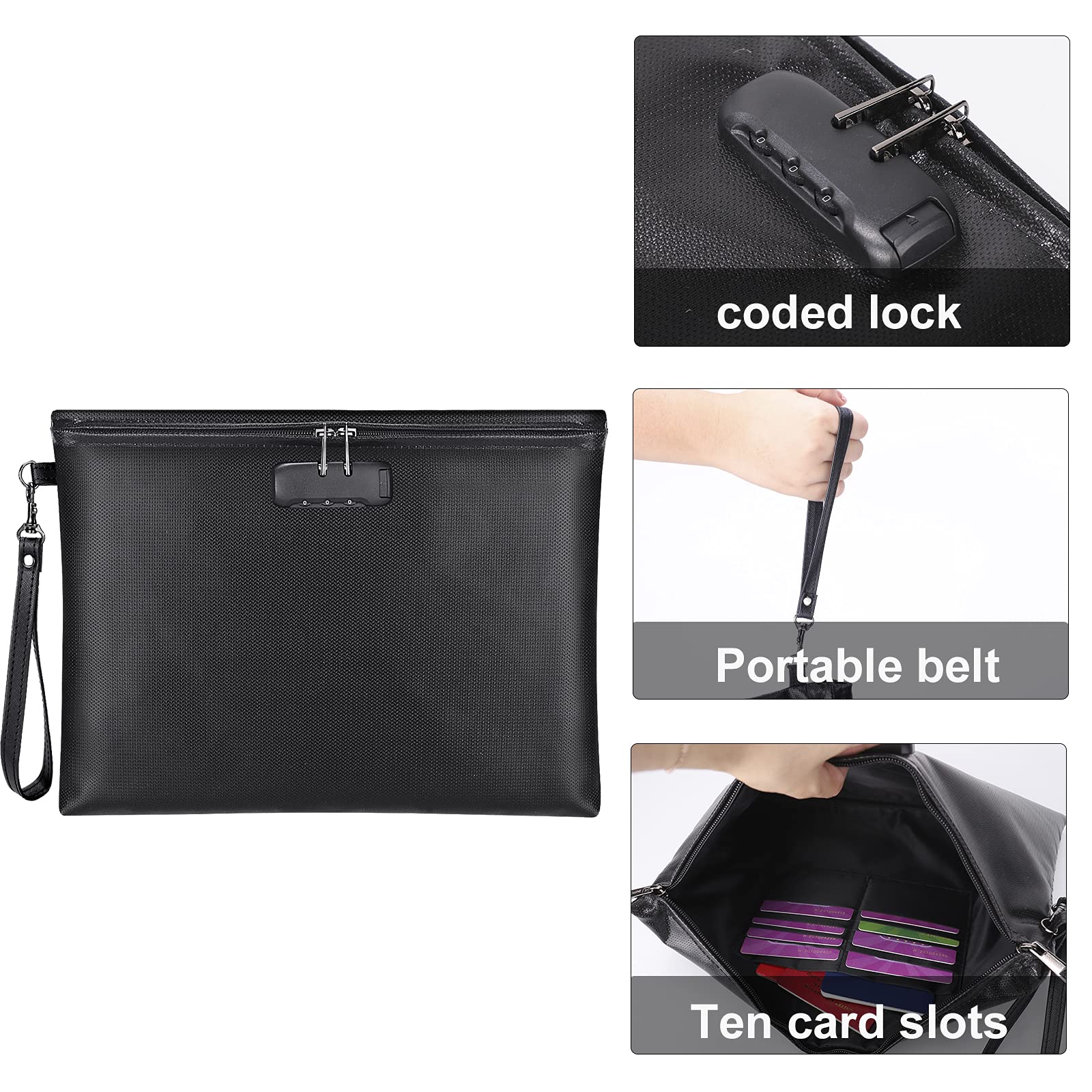 Fireproof Money Bag with Lock, 11.2"x7.6" Fireproof Cash Bag with Zipper Closure, Storage Pouch for A5 Size Document, Cheque, Cash, Cell Phone, Tablet, Credit Card, Passport, Jewelry (Black)
