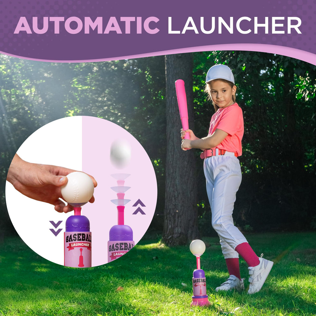 T Ball Stand for Kids and Toddlers 1-3, 3-5, 5-8. Baseball Set Includes 6 Large Balls, an Adjustable Tball Batting Tee, and a Pitching Machine. Kids Bat and Ball, T-Ball Sets for Kids