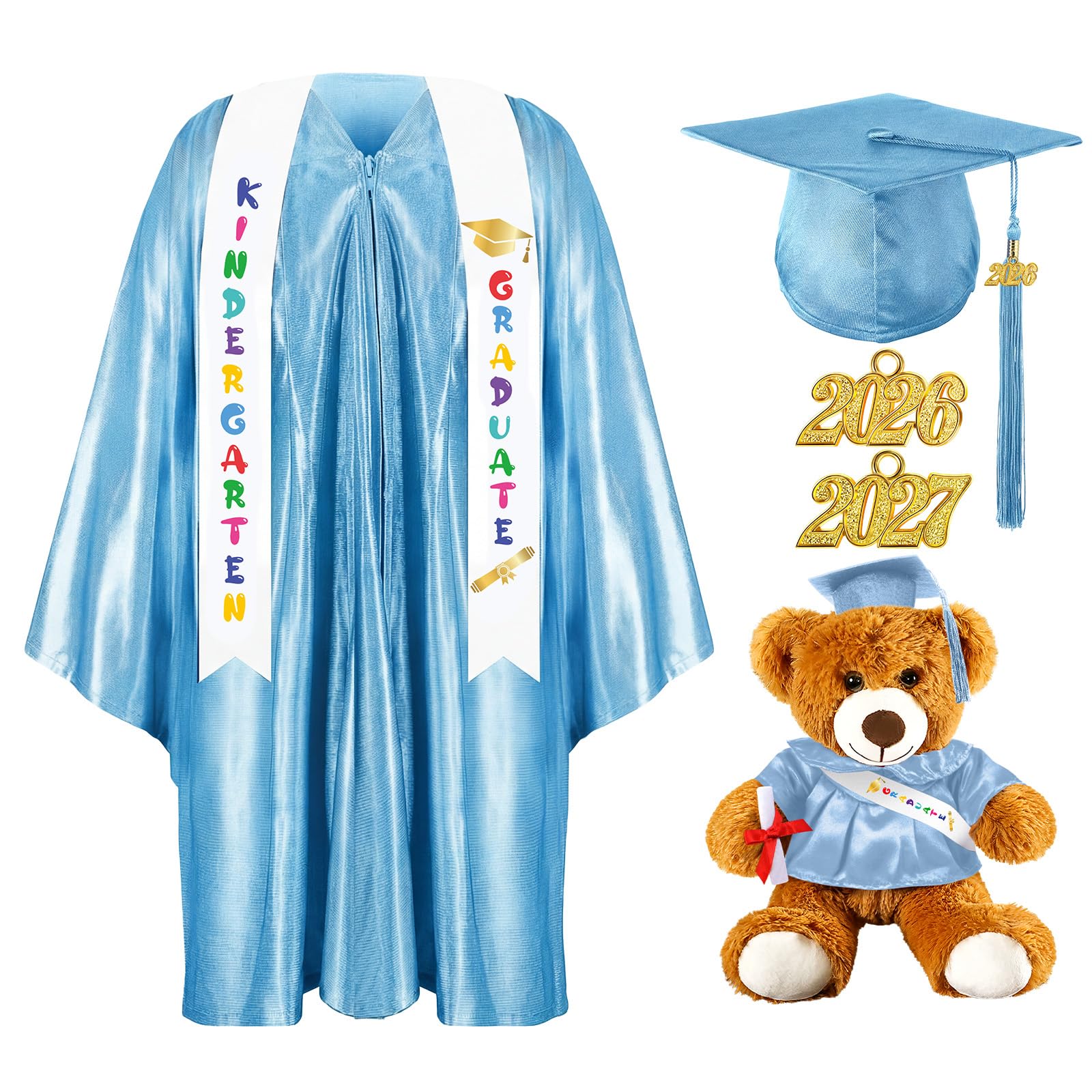 Sintuff 7 Pcs Kindergarten Preschool Graduation Cap and Gown with Bear Gifts 2026 Grad Stole Tassel Sash for Toddler Kids