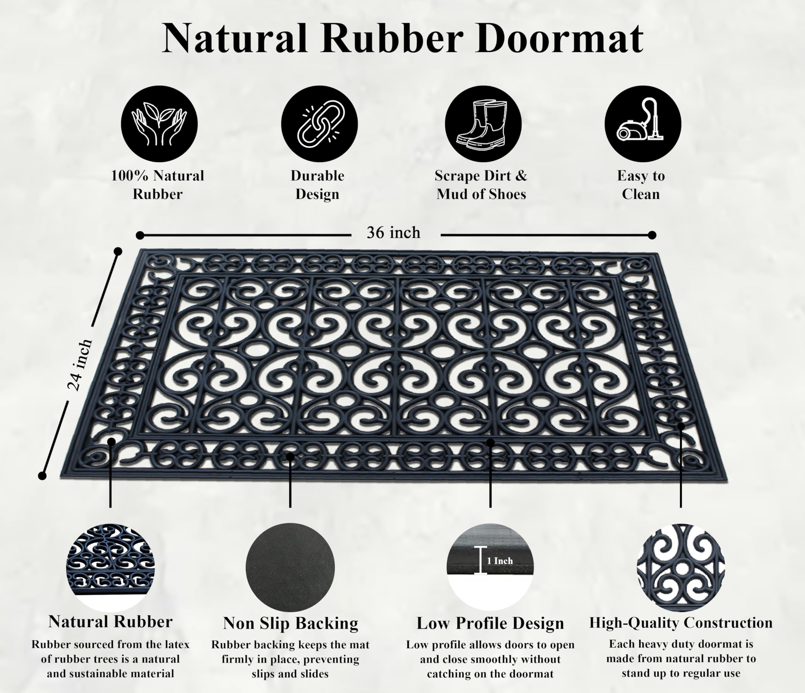 A1 Home Collections 19-LB Heavy Duty Rubber Doormat 24"×57" - Won't Blow Away | Outside Front Door Mat, Mud Dirt Scraper, Non-Slip Drainage Mat for Entryway Patio Garage, All-Weather, 100% Rubber Mats