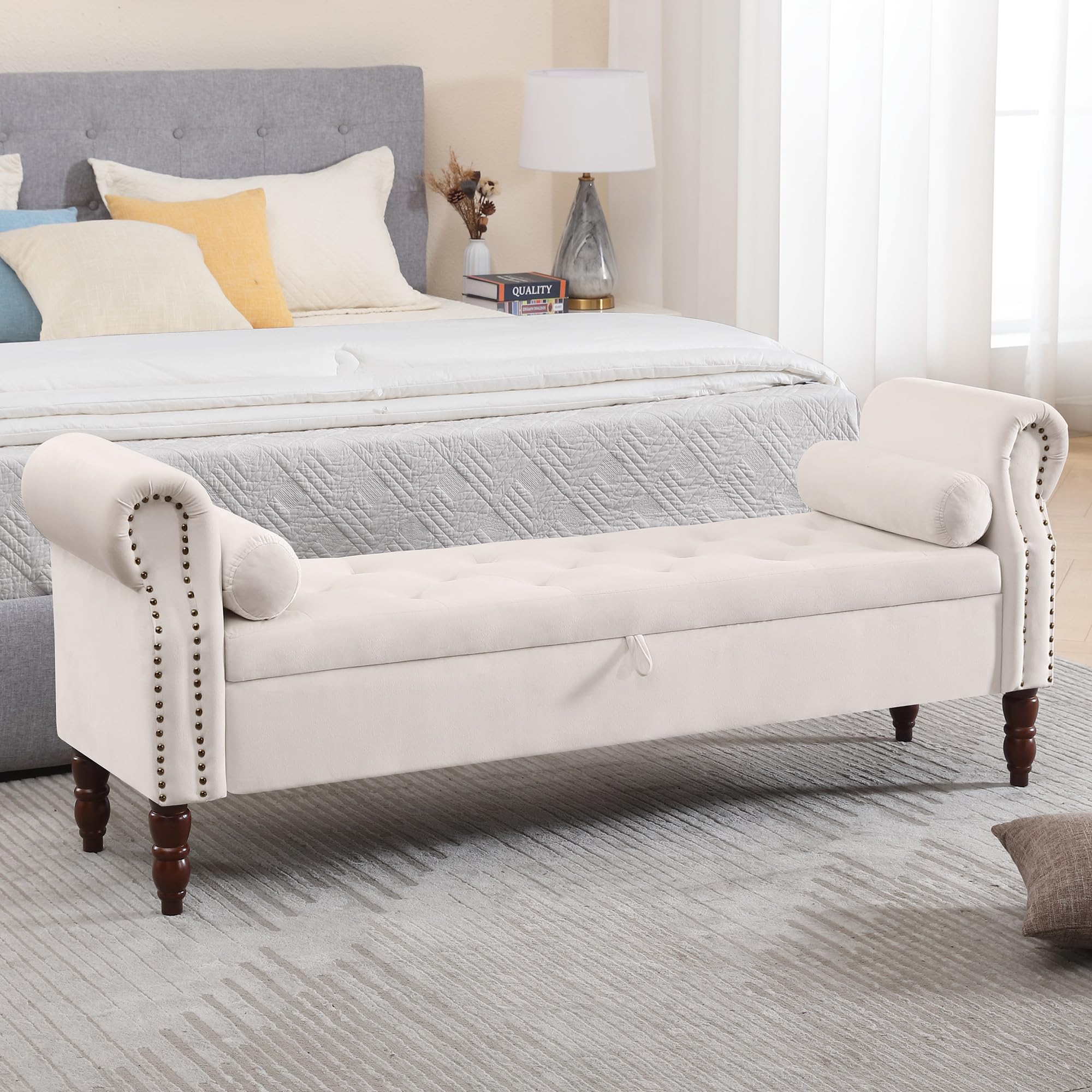 Storage Bench for Bedroom, 67" End of Bed Bench King Size, Velvet Bedroom Bench with Storage, Upholstered Tufted Storage Ottoman Benches with Arms for Bedroom, Entryway, Living Room, Beige
