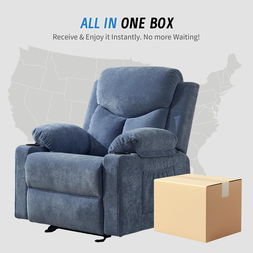 Manual Rocker Recliner Chair for Adults with Massage, Overstuffed Glider Rocking Chair with Cup Holders and Pockets for Living Room, Reclining Sofa Chair for Bedroom Nursery,Beige