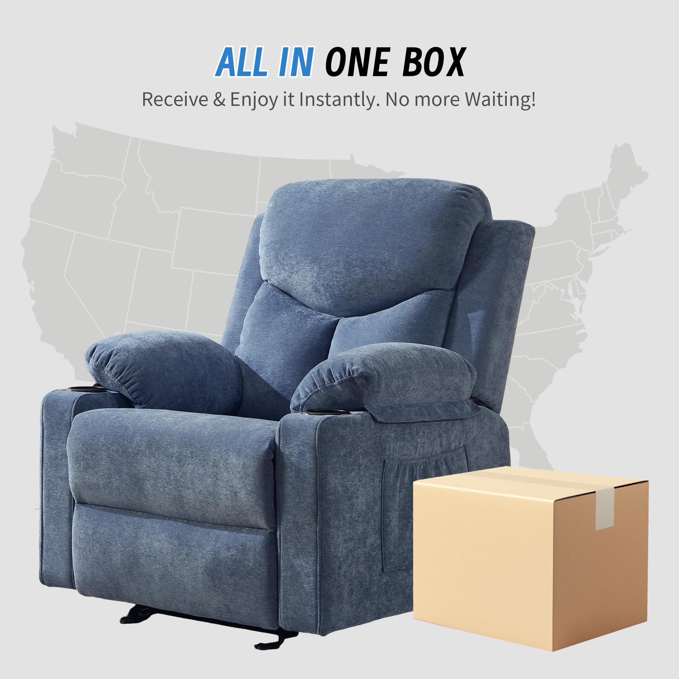 Manual Rocker Recliner Chair for Adults with Massage, Overstuffed Glider Rocking Chair with Cup Holders and Pockets for Living Room, Reclining Sofa Chair for Bedroom Nursery,Beige