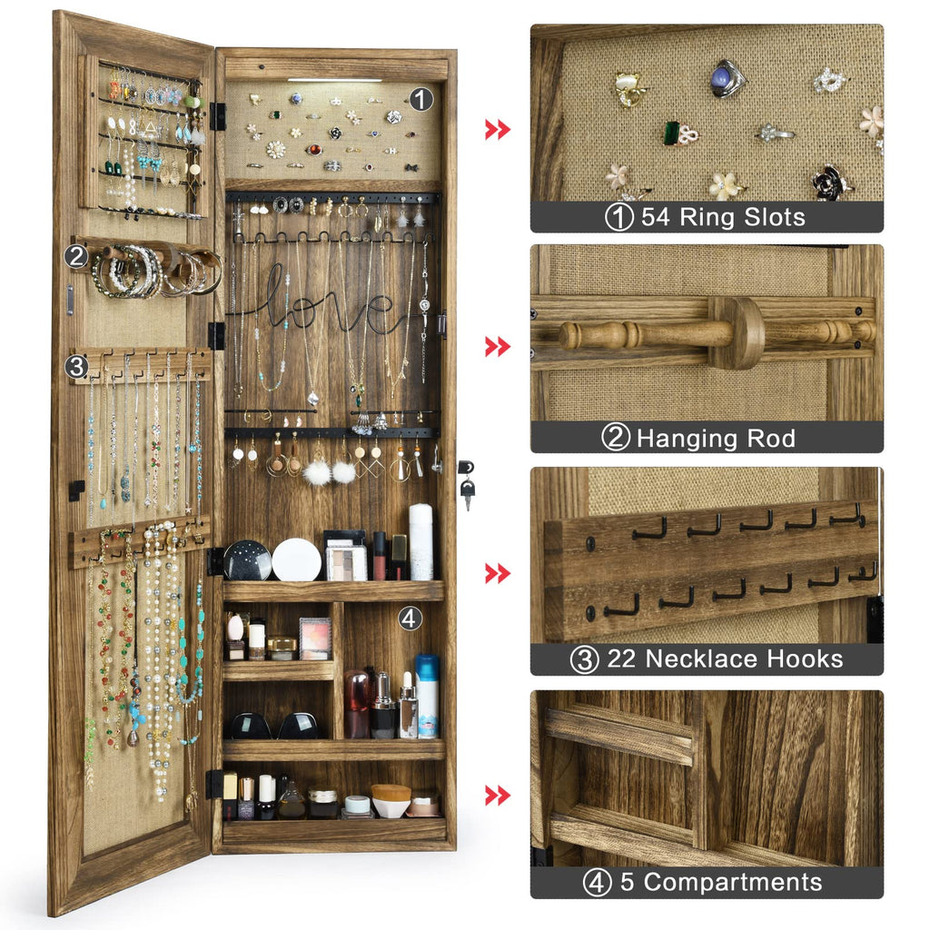 SRIWATANA Jewelry Armoire Cabinet, Solid Wood Standing Jewelry Organizer with Full Length Mirror (Carbonized Black)