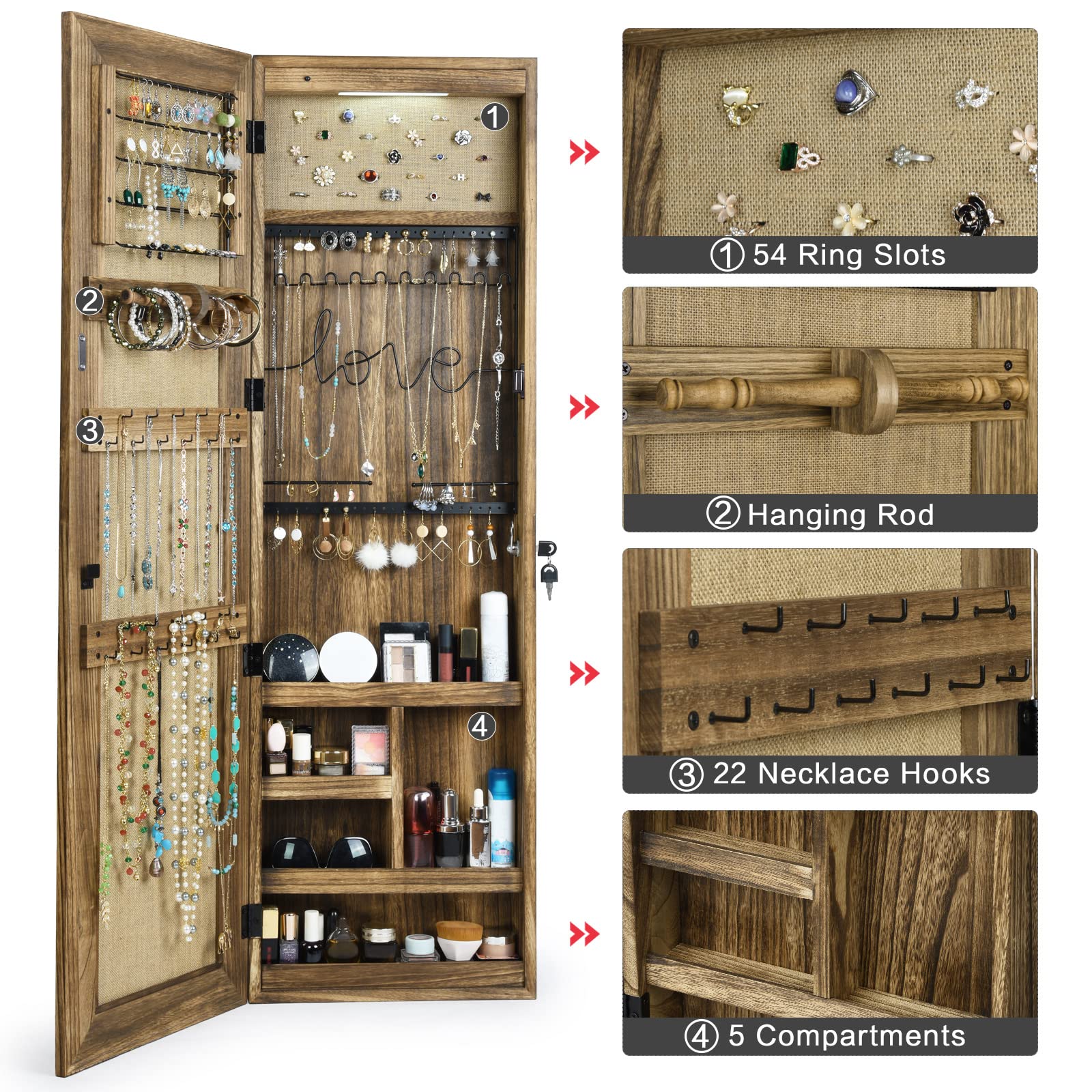 SRIWATANA Jewelry Armoire Cabinet, Solid Wood Standing Jewelry Organizer with Full Length Mirror (Carbonized Black)