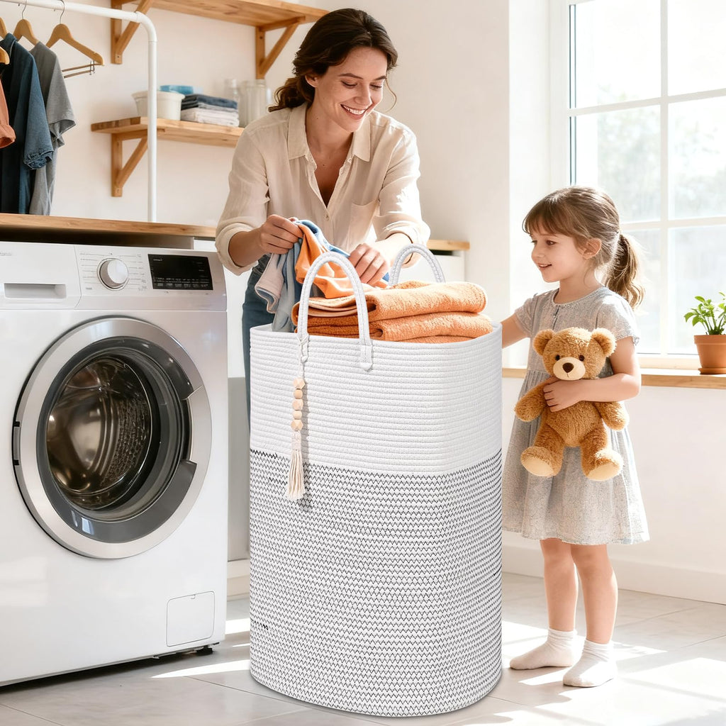 Woven Laundry Basket for Clothes, 50L Large Rectangle Laundry Hampers with Beads Tassel, Nursery Storage Basket for Toys, Tall Dirty Clothes Hamper for Bedroom Aesthetic, Laundry Room Organization