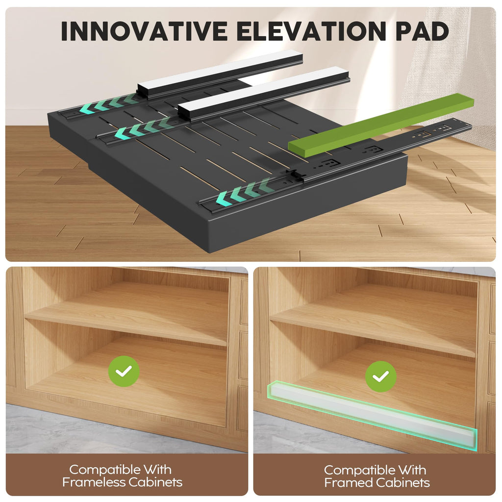 Seinloes 4 Pack Pull Out Cabinet Organizers 21" Deep With Raising Pad for Framed Cabinets, Expandable Width (15.2"-26.3") Slide Out Drawers Upgrade 3 Slide Rails, Roll Out Shelves Adhesive, Black