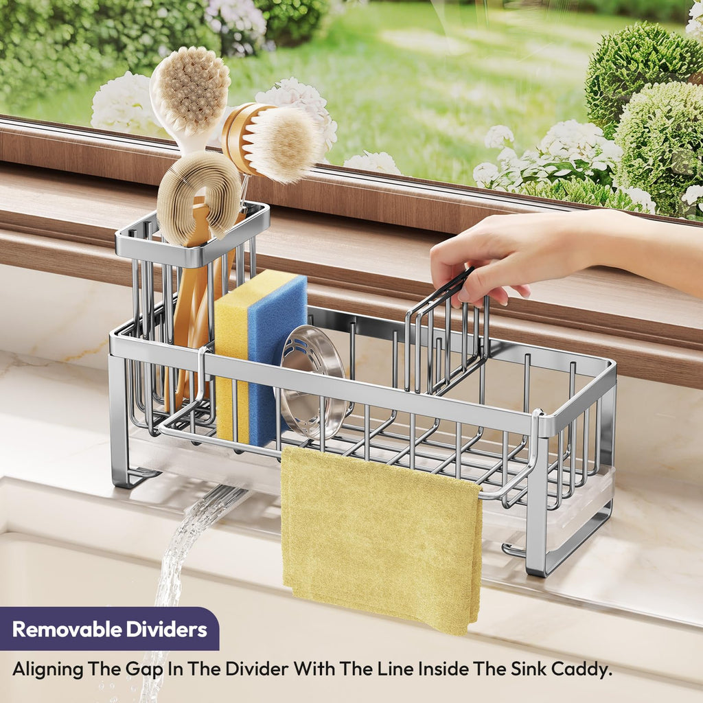 SWTYMIKI Sponge Holder for Kitchen Sink - Sink Caddy with Brush Holder Self-draining Sponge Caddy Organizer with Divider Stainless Steel Kitchen Accessories Storage for Countertop, Black