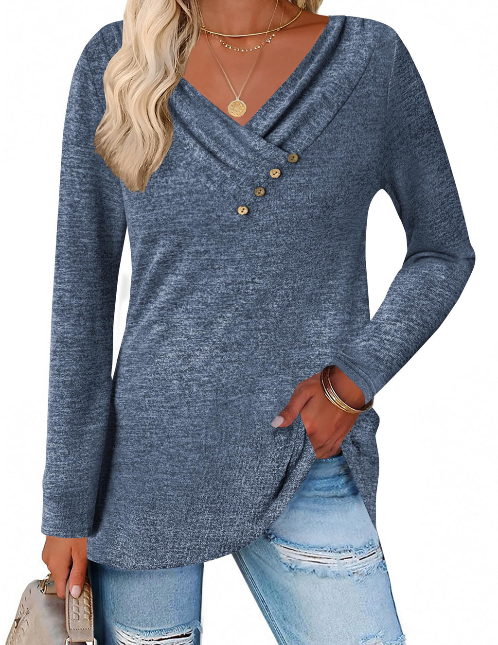 Zeagoo Women's Casual Tunic Tops Long Sleeve Shirts for Leggings V Neck Button Fall Pullover Blouse Loose Sweatshirts