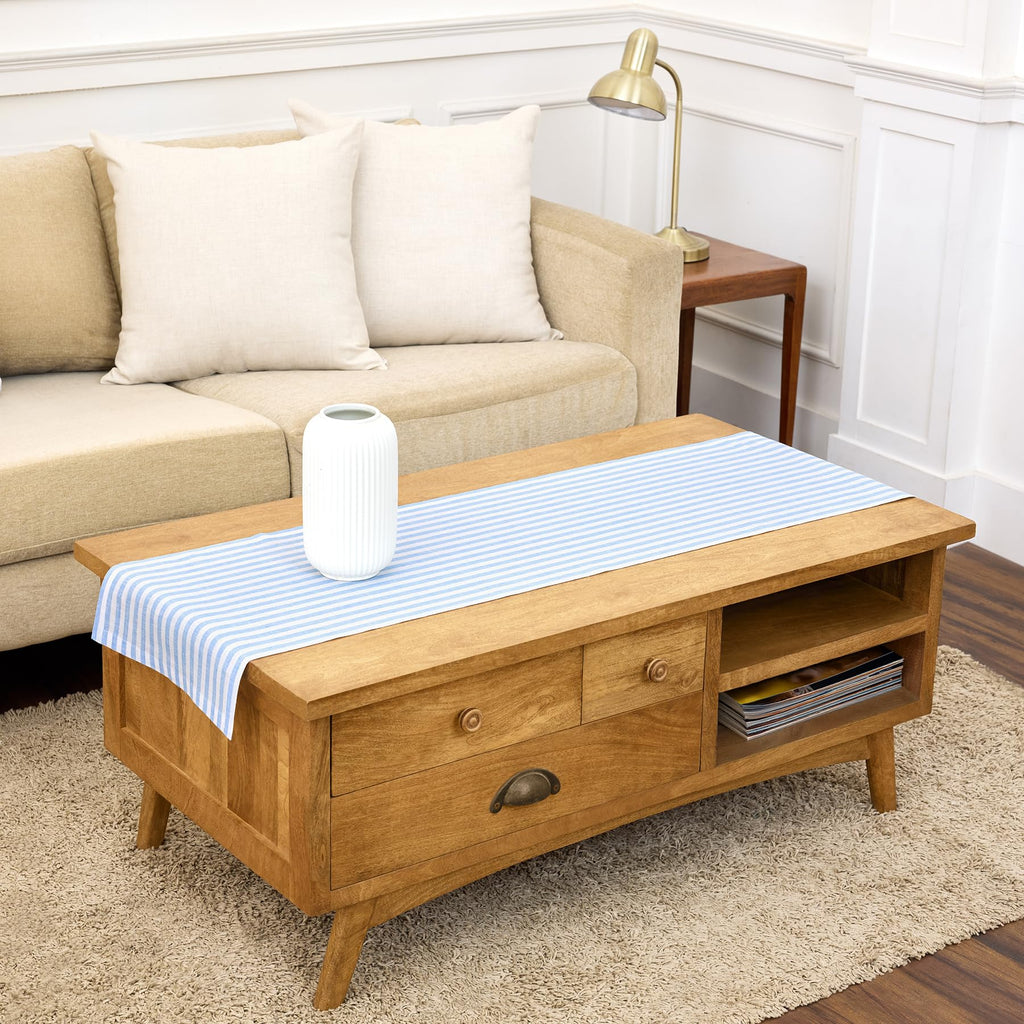 Solino Home Linen Table Runner 36 Inches - Amalfi Stripe 100% Pure Linen Natural and White Table Runner 14 x 36 Inch Ideal for Dresser and Coffee Tables - Summer