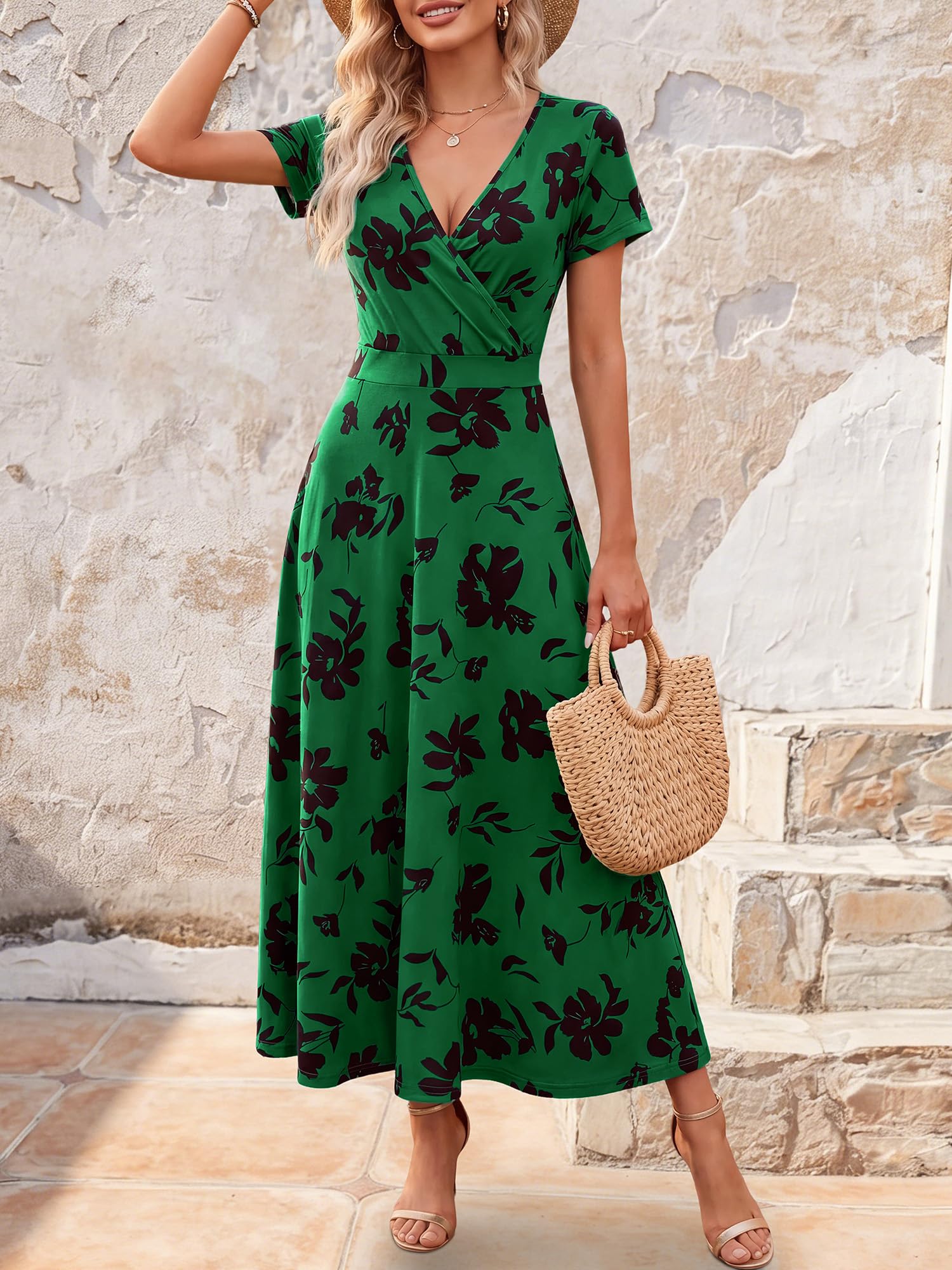 HUHOT Women's Short Sleeve Wrap V Neck Dresses for Wedding Guest Summer Floral Maxi Sundresses with Pockets Boho Dress