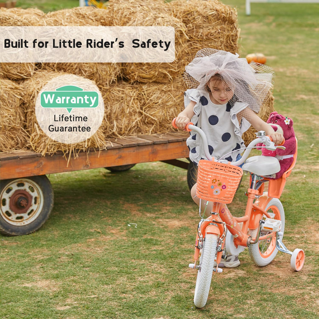 Glerc Maggie Girls Bike, 12-20 Inch Kids Bike for 2-13 Years Old Children, Princess Style Kids Bicycle with Doll-Seat & Basket & Training Wheels, Multiple Colors