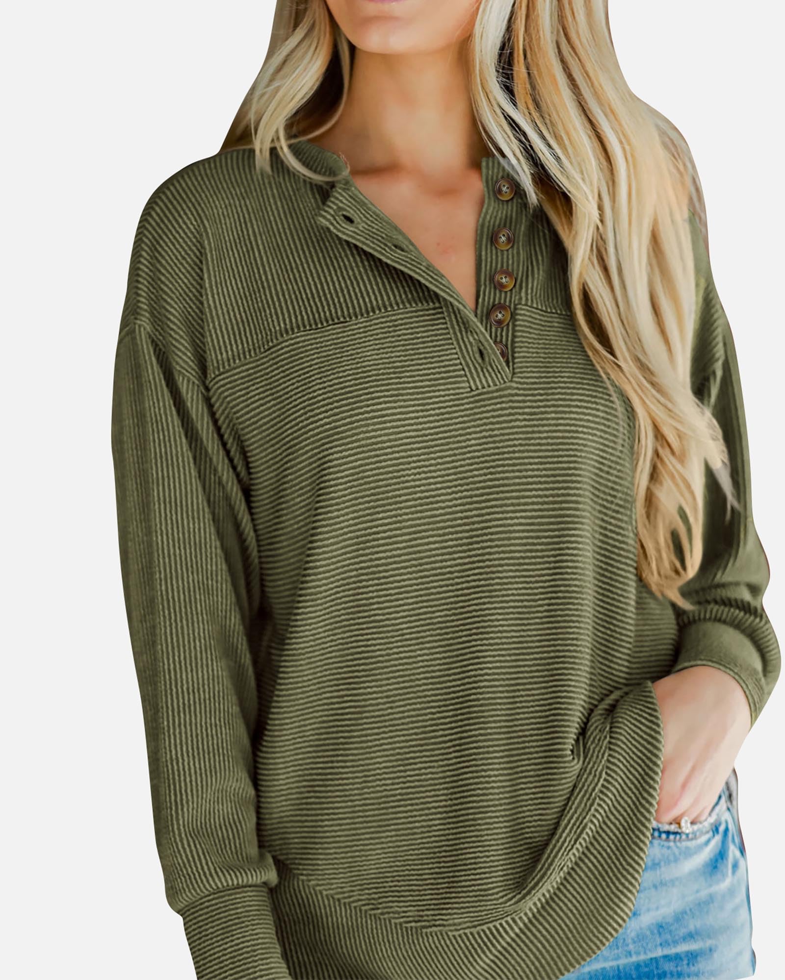 KIRUNDO Going Out Tops for Women Henley Shirts 2025 Casual Ribbed Knit Long Sleeve Tunic Summer Fall Button V Neck Blouse