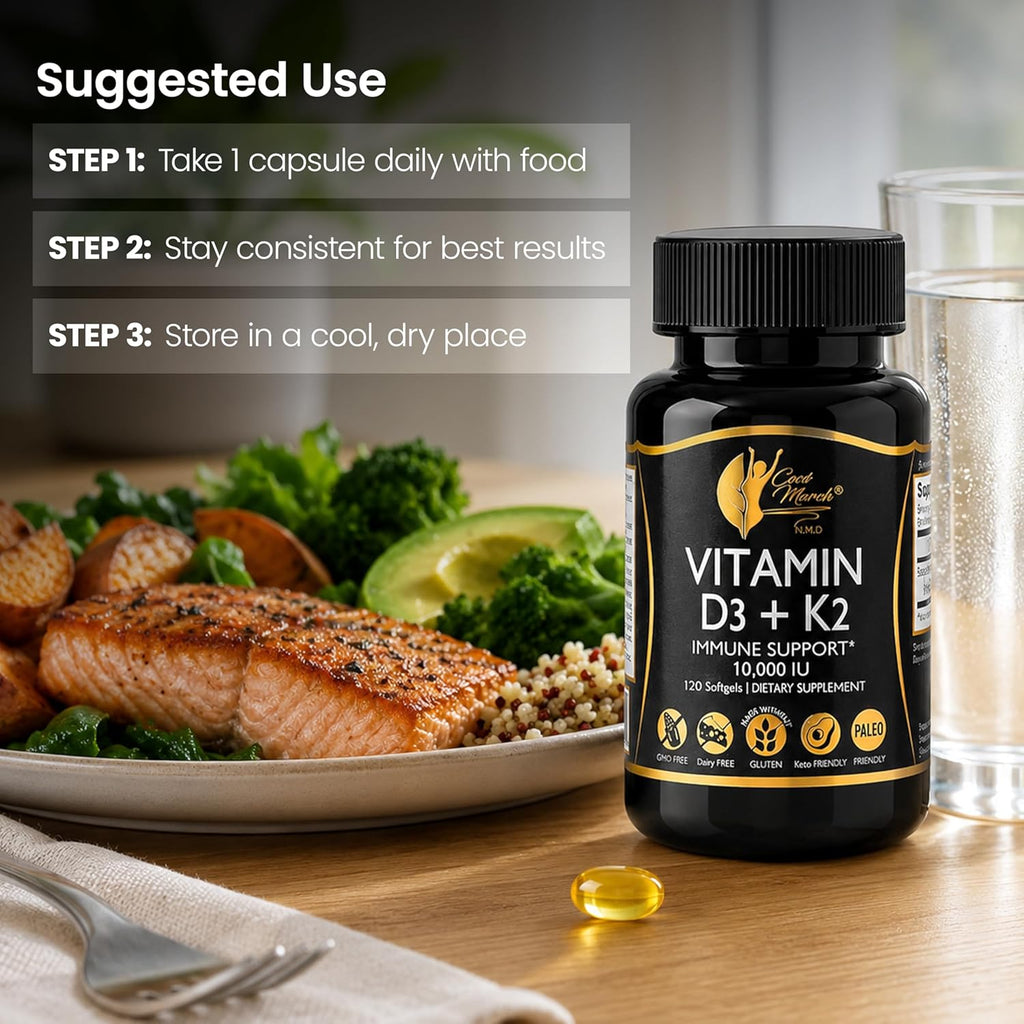 Cocó March N.M.D Vitamin D3+K2 10,000 IU - High Potency Supplement for Women & Men, Immune Support, Bone & Joint Health - Gluten-Free, Non-GMO, 4 Month Supply, 250 mcg D3, 180 mcg of Vitamin K2