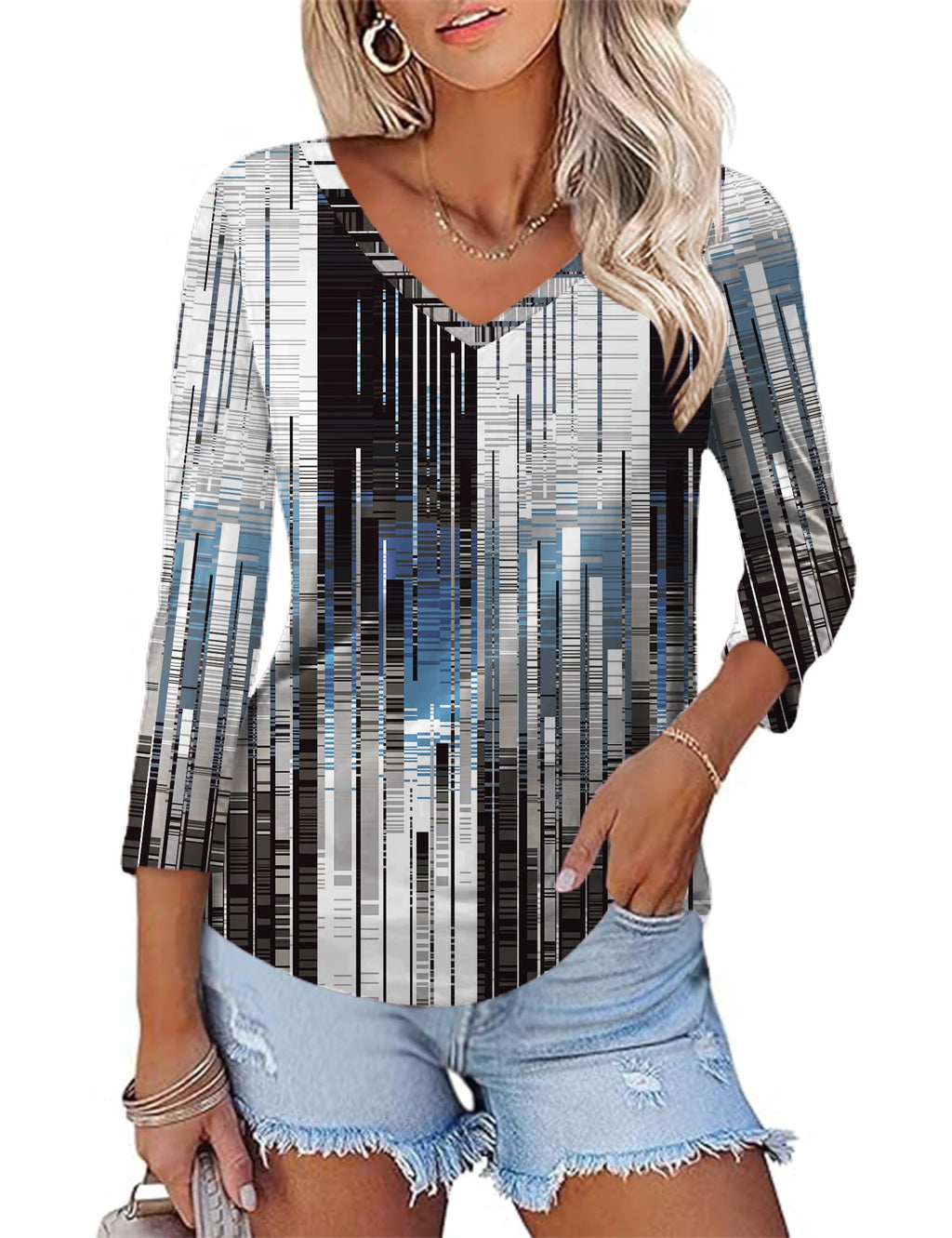 KTILG Women's V Neck T Shirts 3/4 Sleeve Blouse Summer Tops Dressy Casual Solid Basic Tees