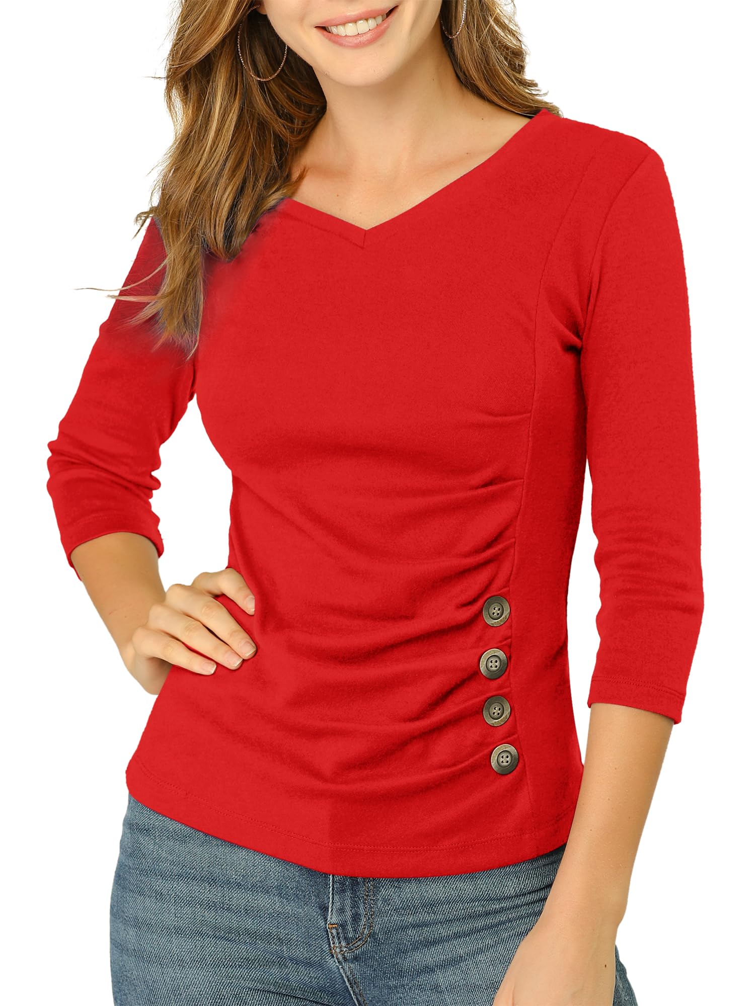 Allegra K Women's V Neck Tops 3/4 Sleeves Solid Knitted Buttons Decor Ruched Blouse
