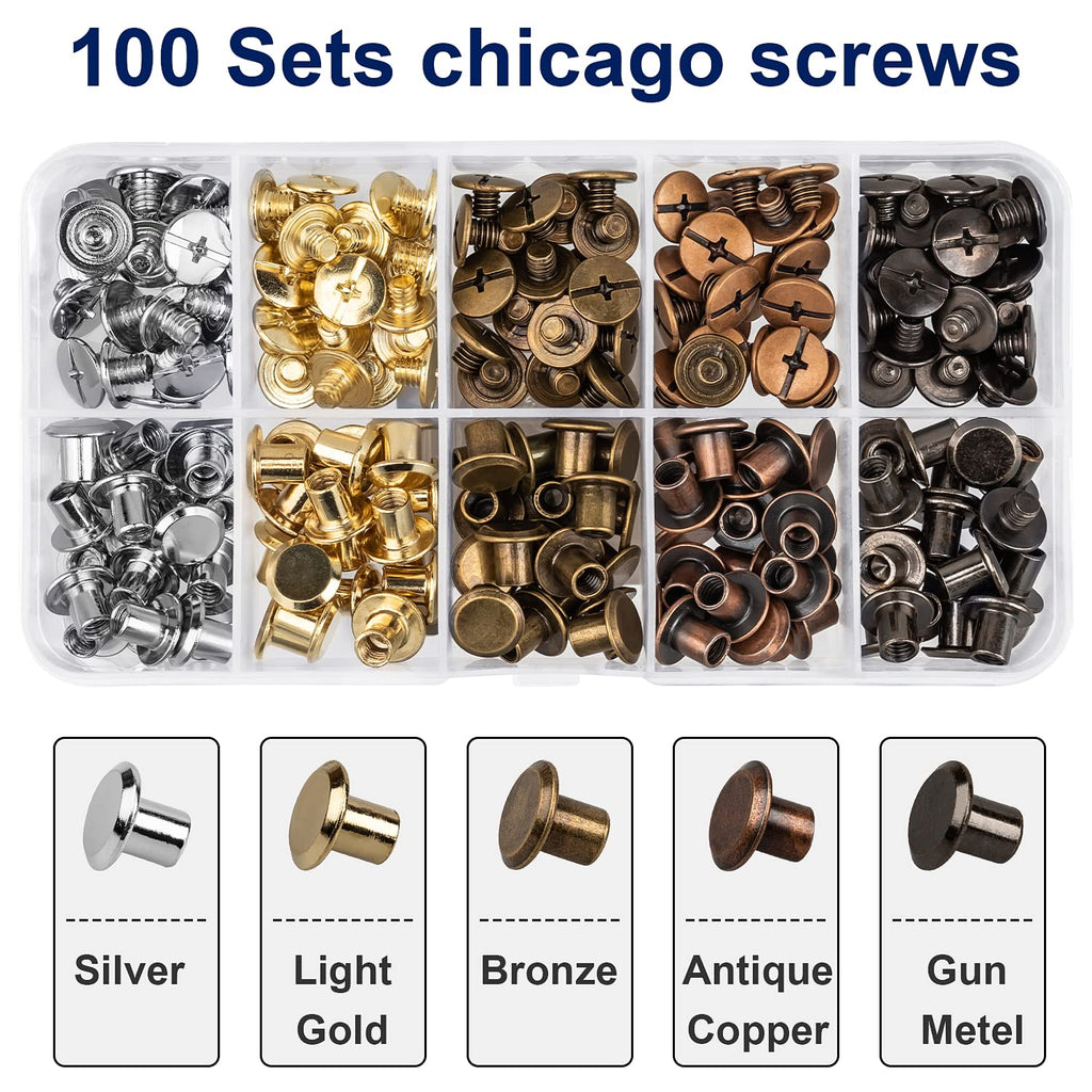 100 Sets Chicago Screws for Leather Crafting 7/20 Inch, 5 Colors of Rivets for Leather, Chicago Screws for DIY Leathercraft (Silver, Light Gold, Bronze, Antique Copper, GunMetel)