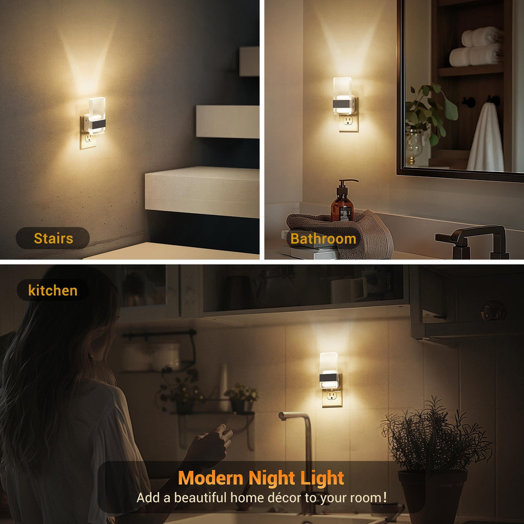 JandCase Night Lights Plug into Wall, Dusk to Dawn Sensor, 3000K Soft White LED, Acrylic Design, 0-100lm Adjustable Brightness, for Bedroom, Bathroom, Living Room, Hallway