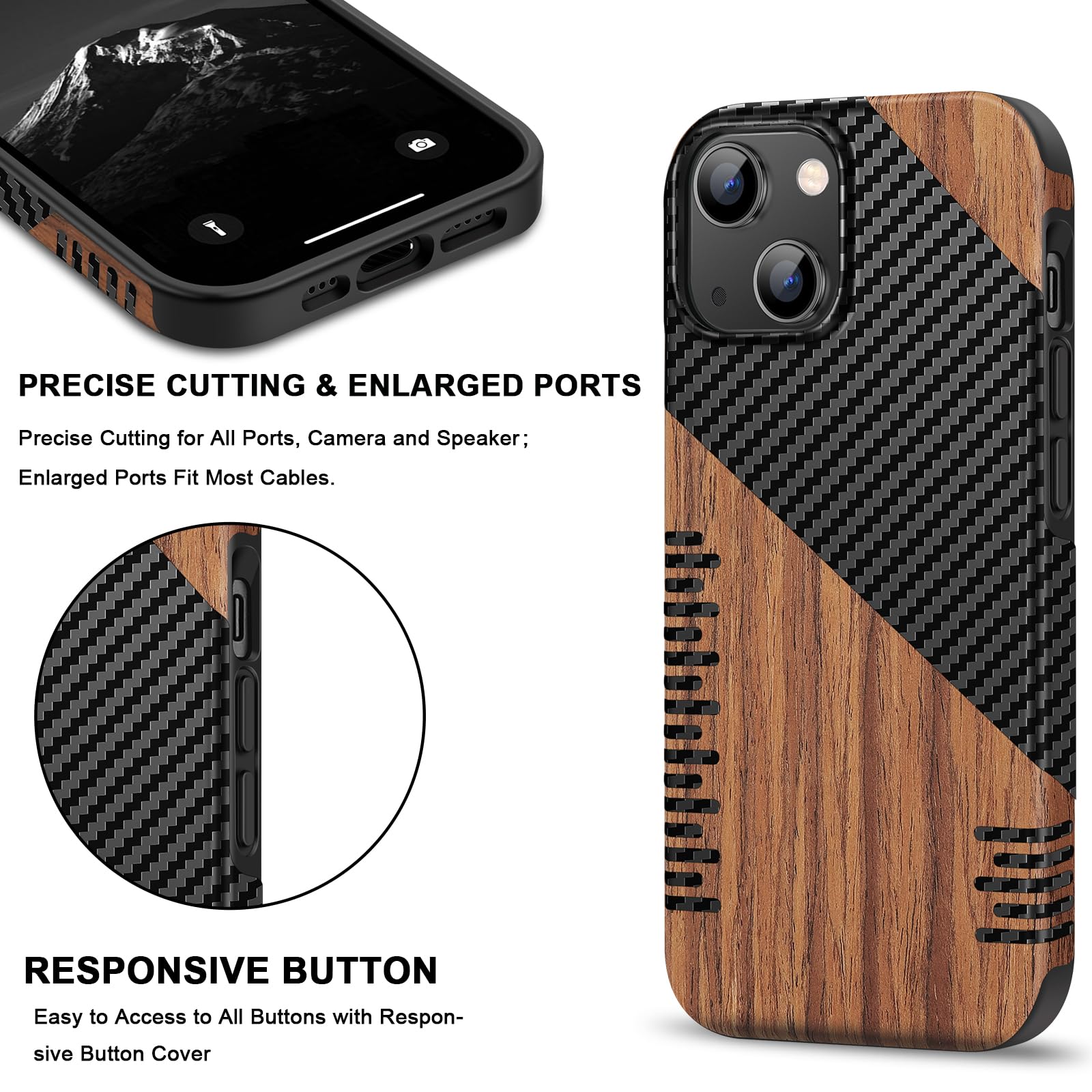 TENDLIN Compatible with iPhone 15 Case Wood Grain with Carbon Fiber Texture Design Leather Hybrid Slim Case (Black)