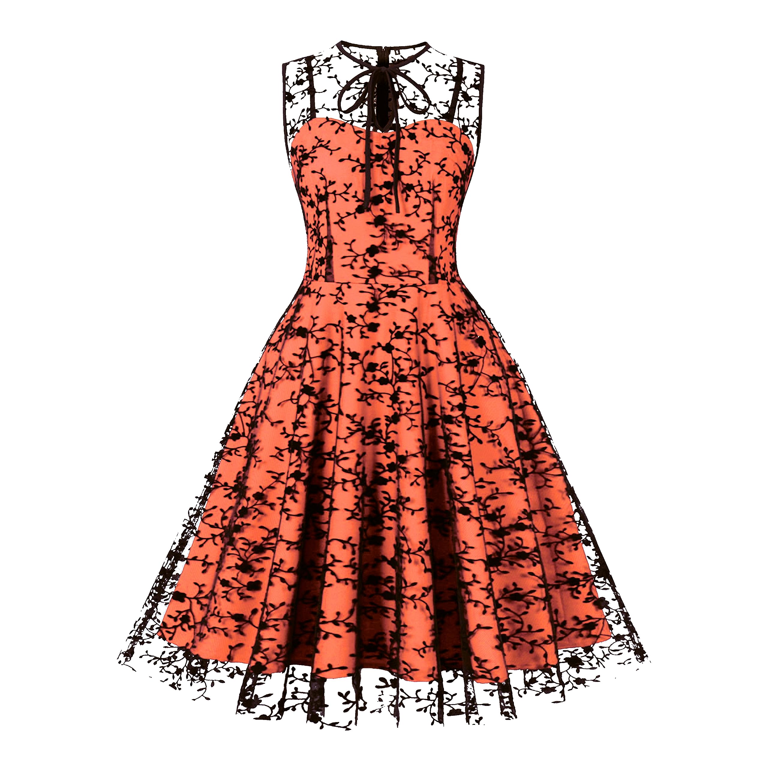 Women Mesh Floral Embroidery Vintage Cocktail Swing Dress Illusion 50s Goth Flared A line Casual Wedding Prom Evening Dress