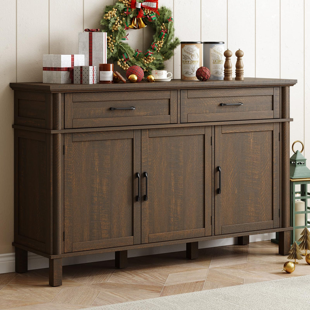 ONBRILL 48 Inches Buffet Cabinet with Storage, Farmhouse Sideboard Buffet w/2 Drawers and 3 Doors, Wood Coffee Bar Cabinet with Adjustable Shelves, Sideboard Storage for Kitchen, Living Room, Black