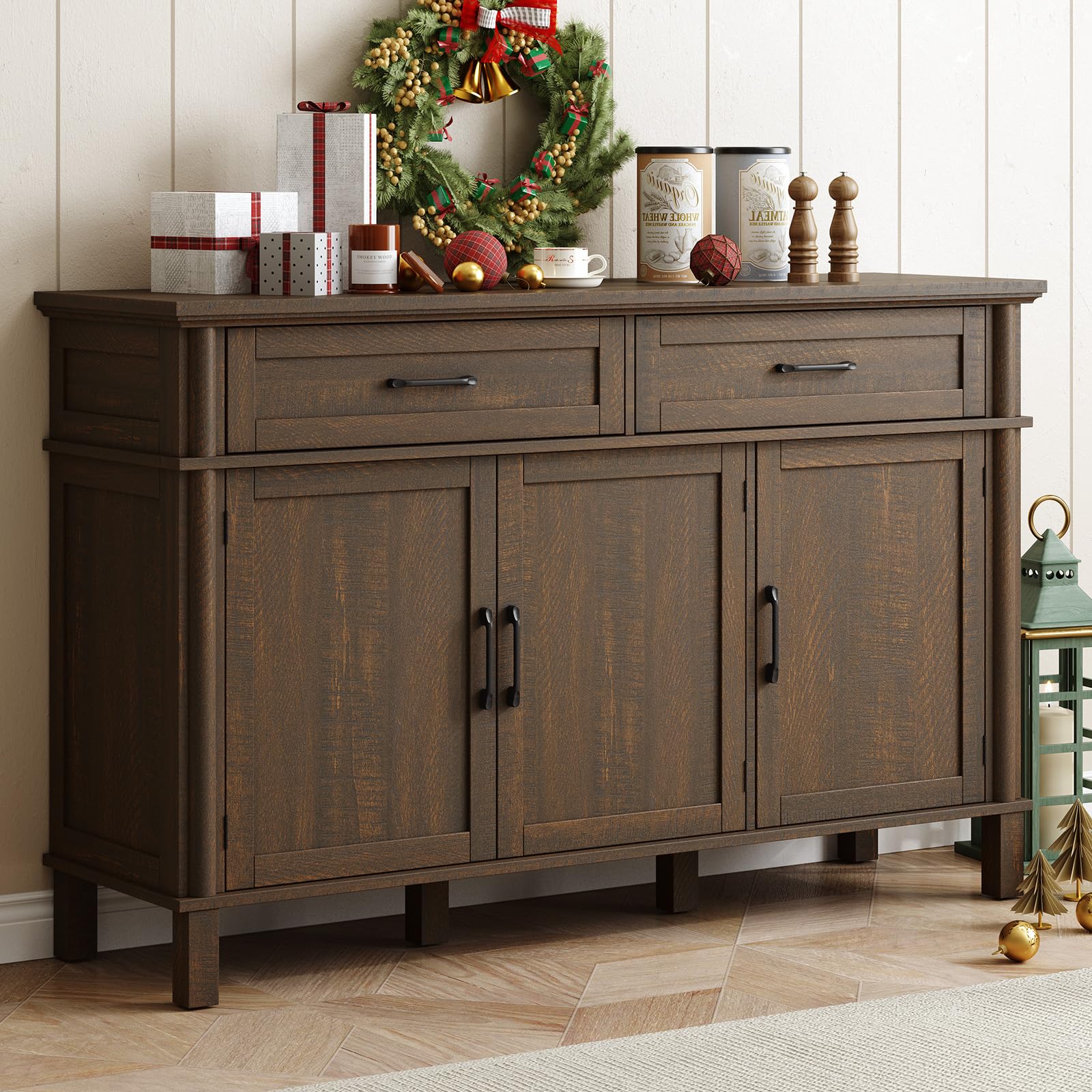 ONBRILL 48 Inches Buffet Cabinet with Storage, Farmhouse Sideboard Buffet w/2 Drawers and 3 Doors, Wood Coffee Bar Cabinet with Adjustable Shelves, Sideboard Storage for Kitchen, Living Room, Black