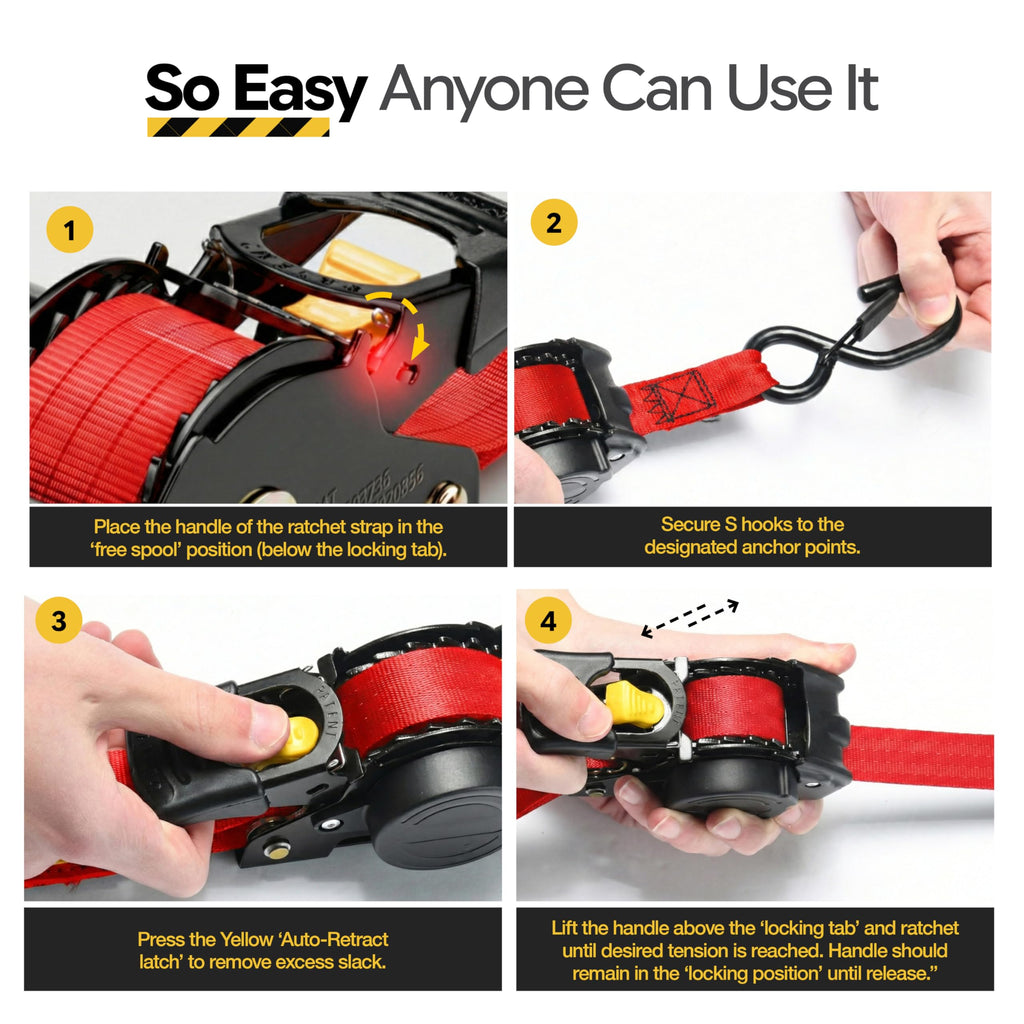 AUGO Retractable Ratchet Straps | 2 Heavy Duty Ratchet Straps Self Retractable Tie Downs with Soft Loops & Storage Bag for Motorcycle, Truck, Trailer, Cargo Van | 1200 Lb Break Strength 1” x 10’