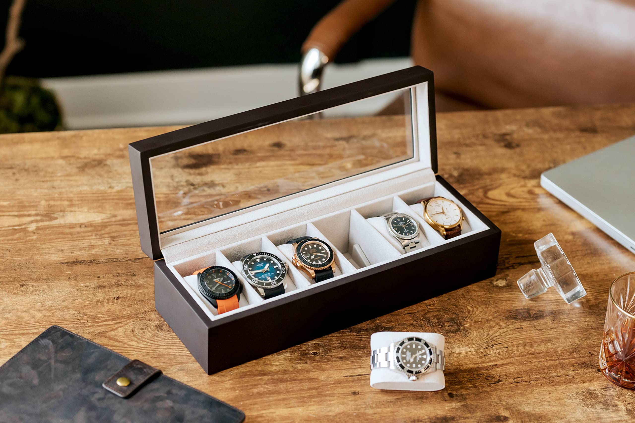 CASE ELEGANCE 6-Slot Solid Wood Watch Box for Men — Real Glass Display Top, Magnetic Closure & Pillow Stands | Watch Organizer Display Case | Gift for Him | Espresso