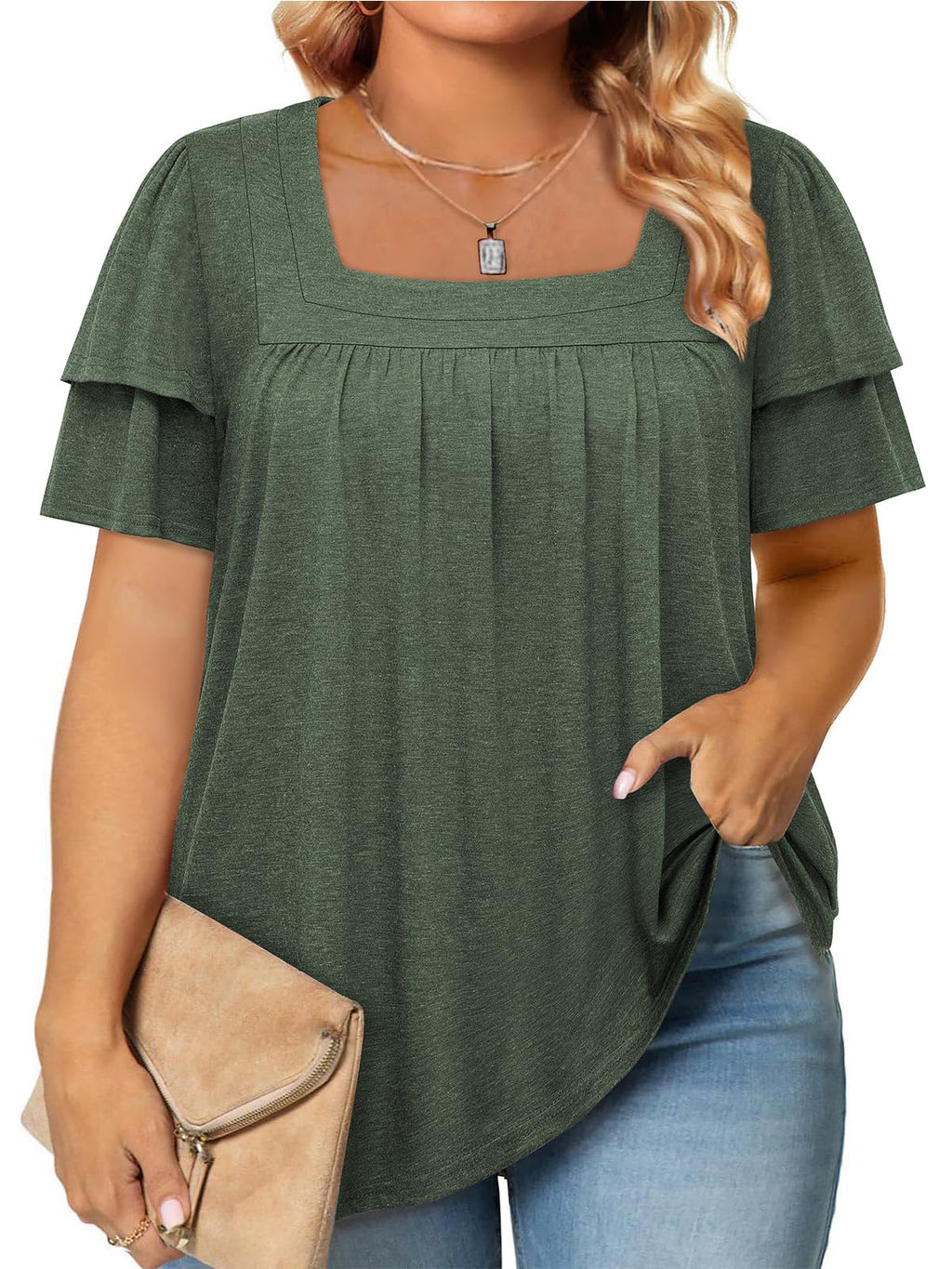 Siddhe Womens Plus Size Tops Loose Fit 3/4 Ruffle Sleeve Blouses Square Neck T Shirt Casual Tunic Tops(1X-5X)
