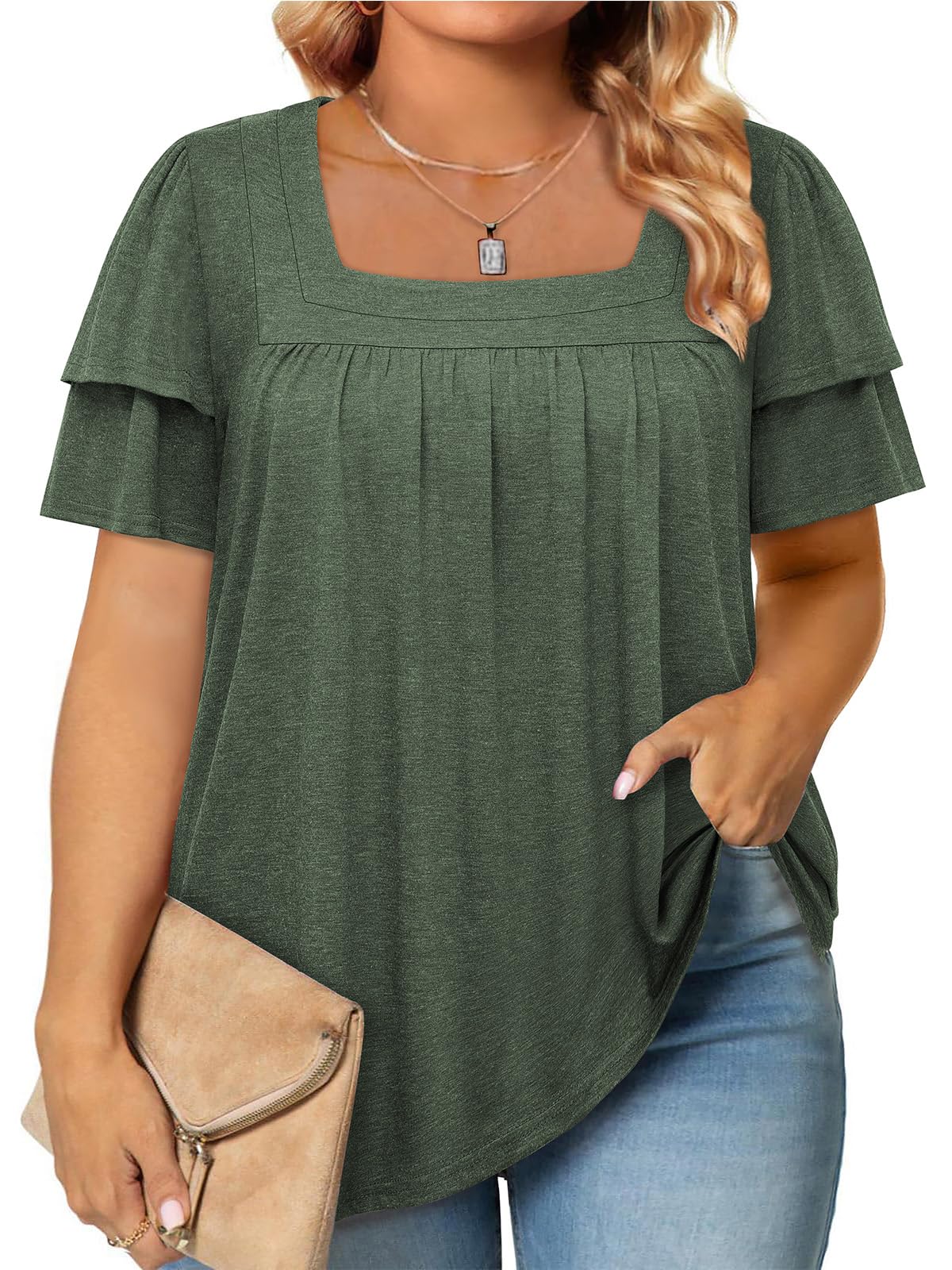 Siddhe Womens Plus Size Tops Loose Fit 3/4 Ruffle Sleeve Blouses Square Neck T Shirt Casual Tunic Tops(1X-5X)
