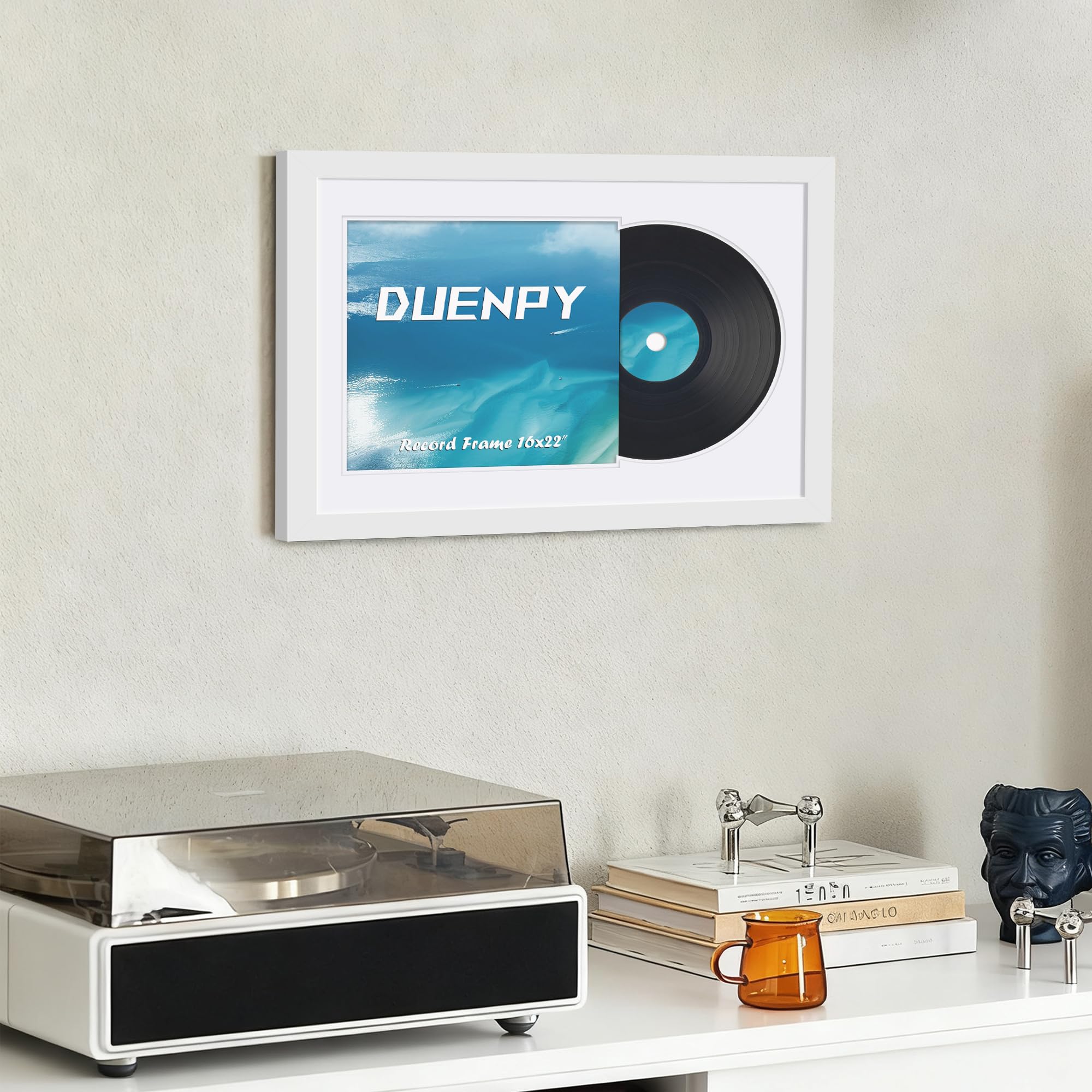 DUENPY Vinyl Record Display Frame 16x22 Inches Display Record Album and 12.5x12.5 Album Cover Art（Black Bottom Mat） Wall Mount