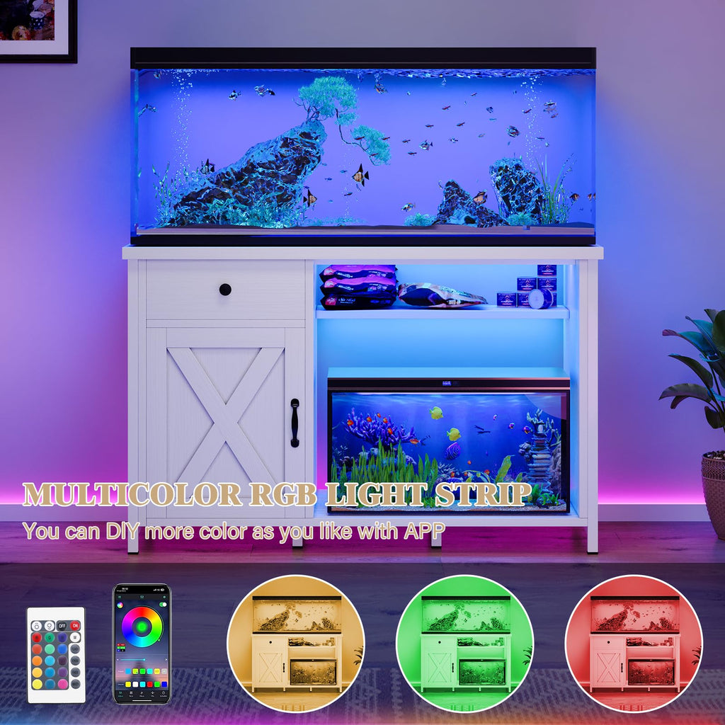 4ever2buy 55-75 Gallon Fish Tank Stand with Power Outlets, LED Light, Heavy Duty Aquarium Stand with Cabinet for Fish Tank Accessories Storage, for Turtle Tank, Reptile Terrarium, 1100LBS, Black