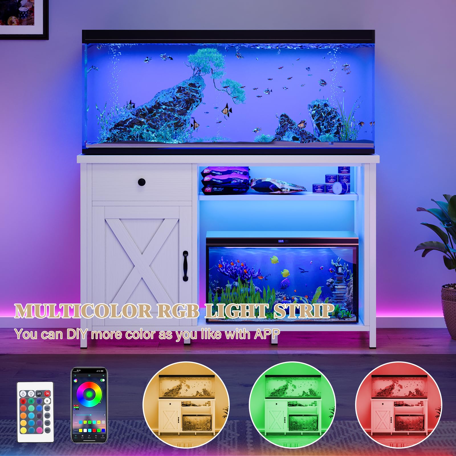 4ever2buy 55-75 Gallon Fish Tank Stand with Power Outlets, LED Light, Heavy Duty Aquarium Stand with Cabinet for Fish Tank Accessories Storage, for Turtle Tank, Reptile Terrarium, 1100LBS, Black