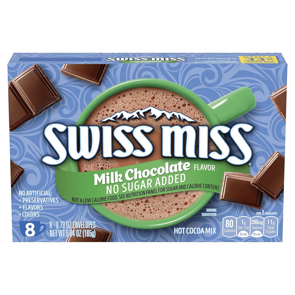 Swiss Miss Milk Chocolate Flavored No Sugar Added Hot Cocoa Mix, Hot Cocoa Bar Supplies, Powder, 0.73 oz., 8-Count Envelopes (12 Boxes)