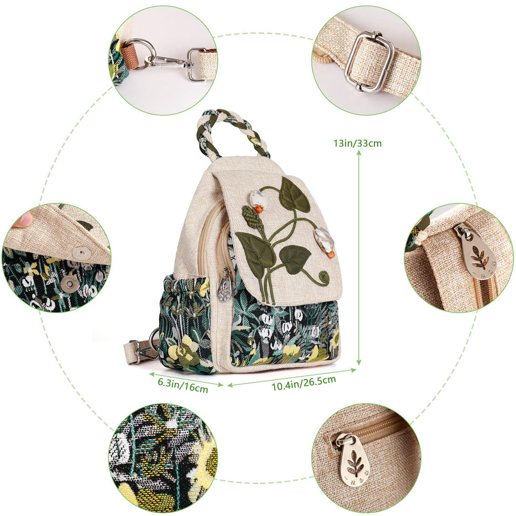 Ladys Convertible Sling Bag, Hand Craft Artisan Purse, Girls Beautiful Canvas Premium Casual Day Mini Backpack for Women (Flower Bee)