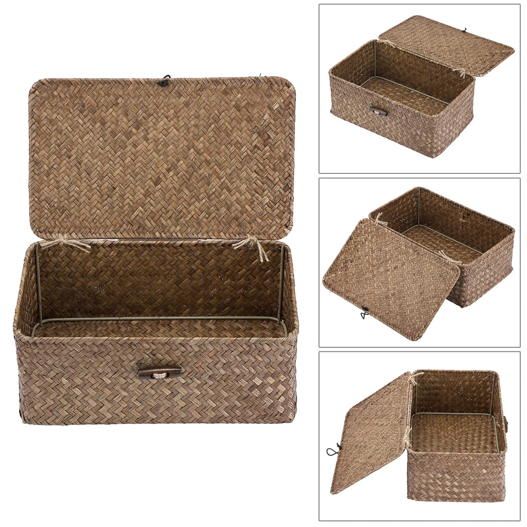 Sumnacon Wicker Basket with Lid Rectangle Woven Baskets for Toiletries Tampon Storage,Wicker Storage Basket with Lid,Decorative Seagrass Storage Baskets for Shelf Bathroom Toilet Table, Caramel