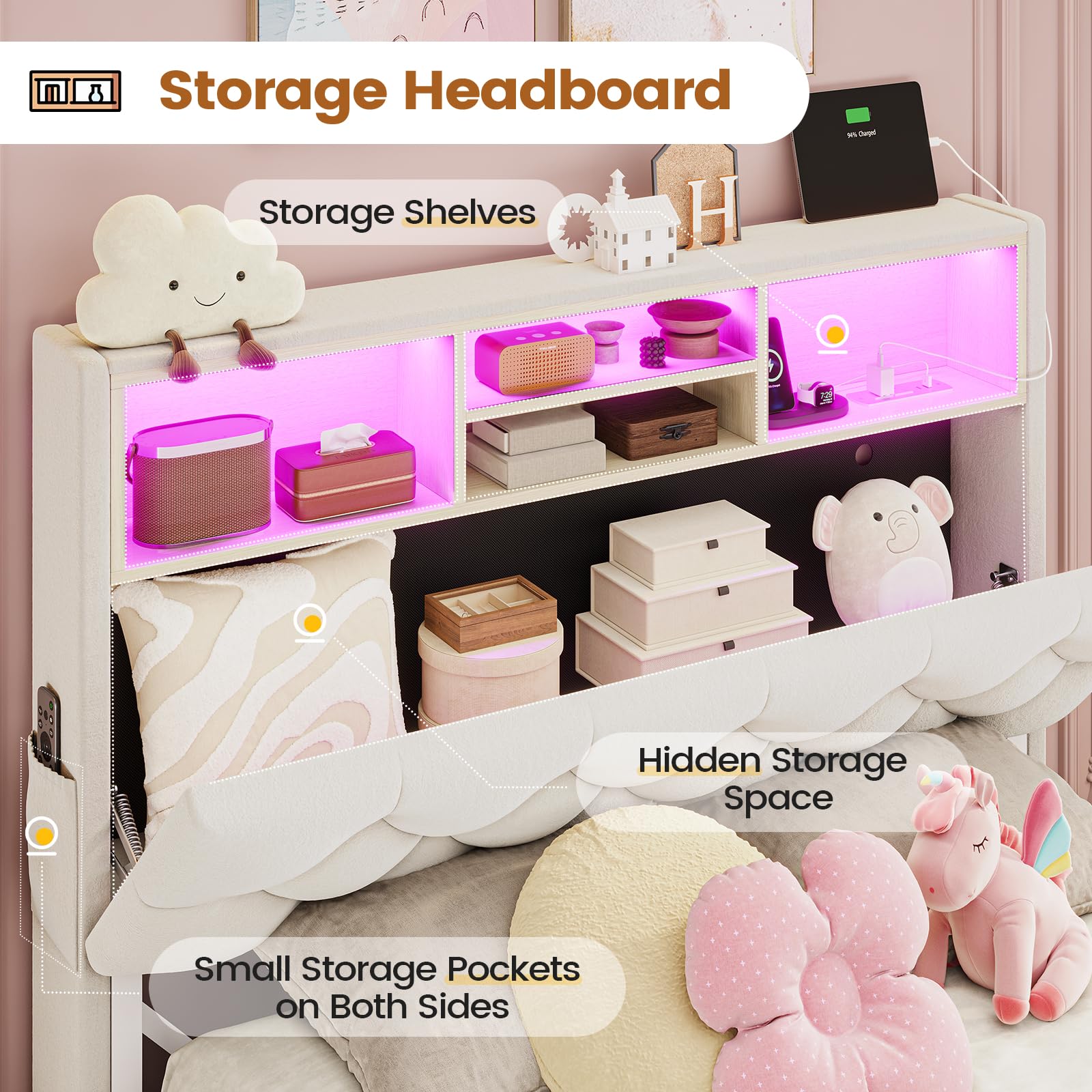 BTHFST Twin Bed Frames with Headboard & 4 Drawers, LED Bed Frame Twin with Charging Station, Upholstered and Metal Twin Bed with Storage, No Box Spring Needed, Black PU