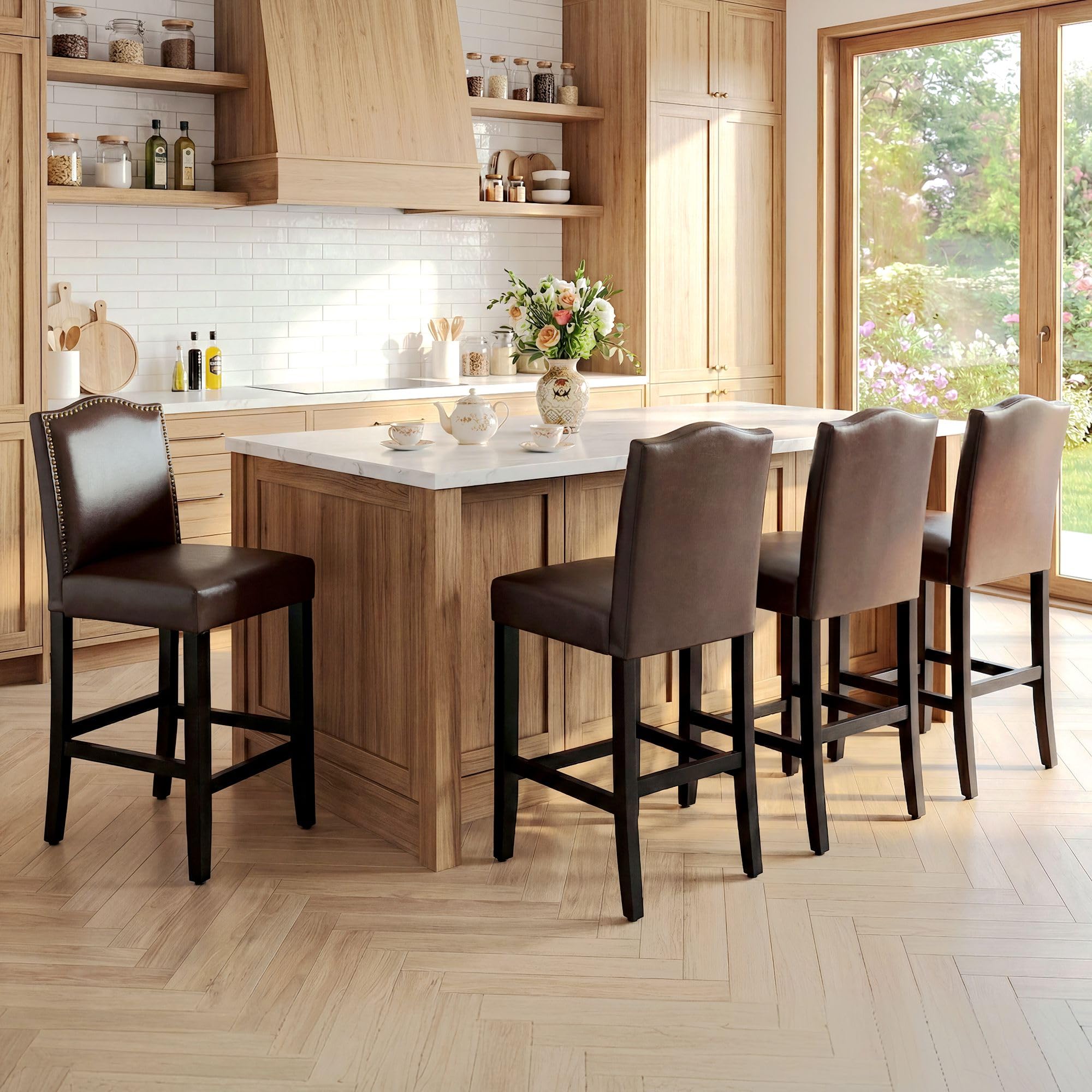 LSSPAID Counter Height Bar Stools Set of 2, 24.8 Inch Modern Upholstered Fabric Barstools, Kitchen Island Chairs with Bronze Nail Backrest and Solid Wood Legs for Kitchen Pub Home Cafe, Beige