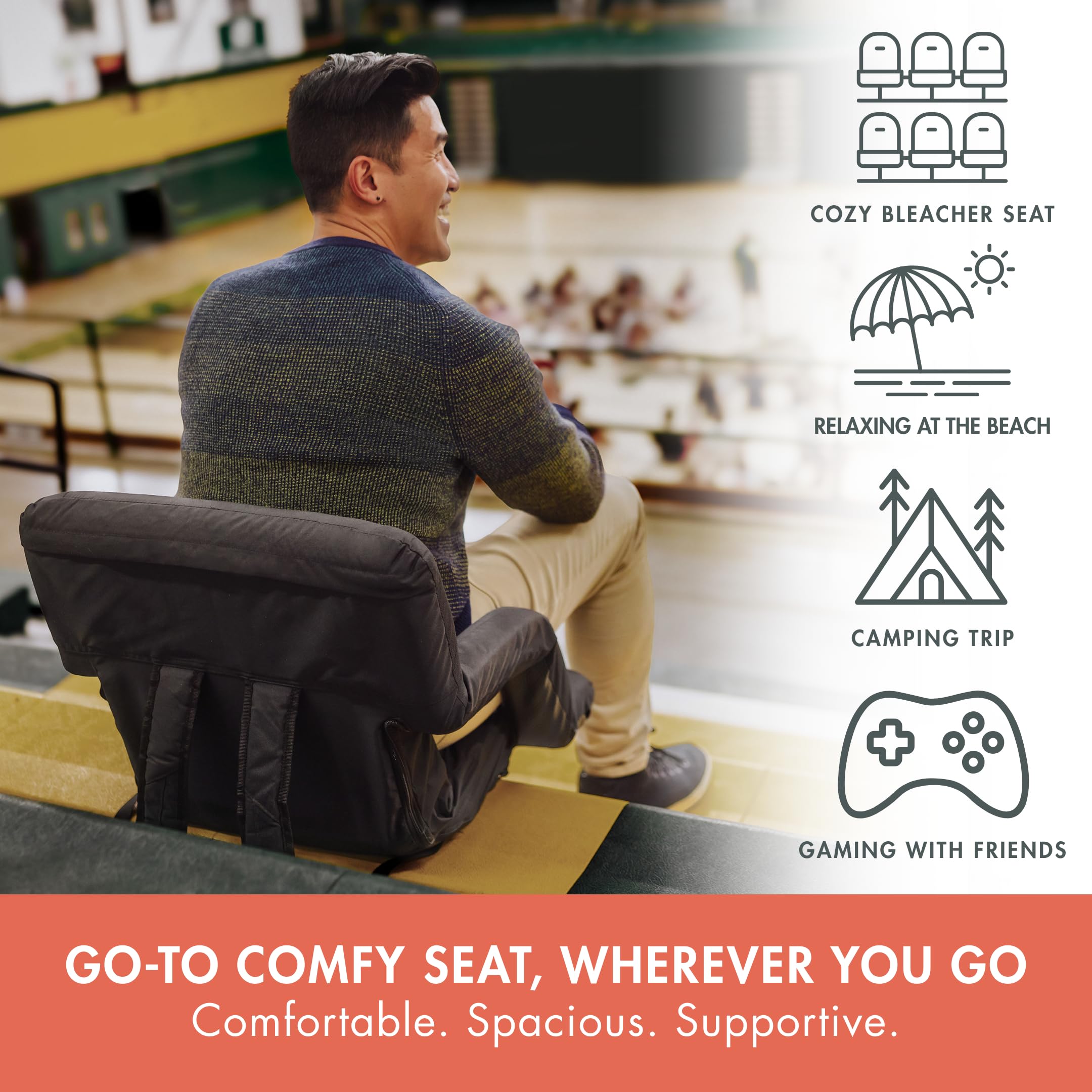 PICNIC TIME Ventura Portable Reclining Stadium Seat with Back Support, Folding Bleacher Chairs with Back and Cushion, Thick Padded Stadium Seat, Armrest, and Six Backrest Positions, (Black, Standard)