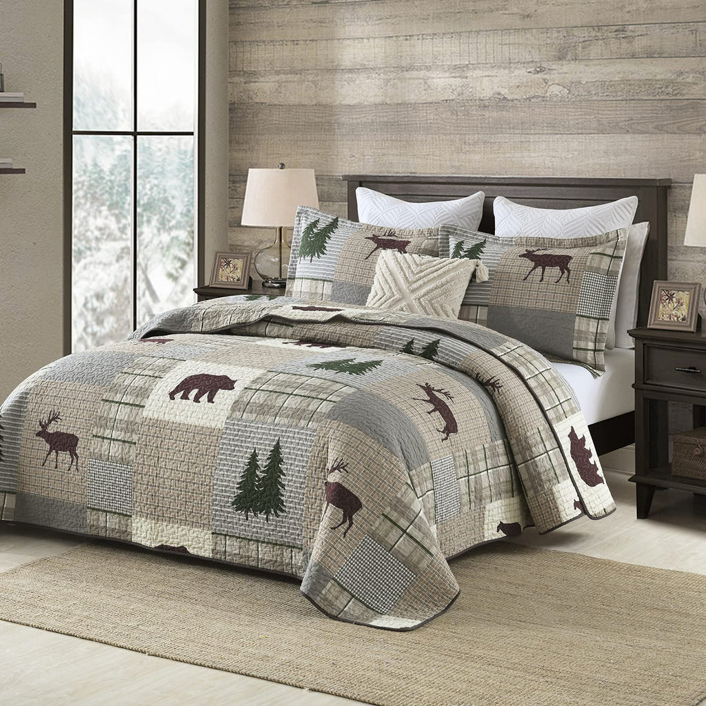 Y-PLWOMEN 100% Cotton Farmhouse Plaid Lightweight 3-Pieces Quilt Set (Blue Brown, Queen90 * 98 Inch)