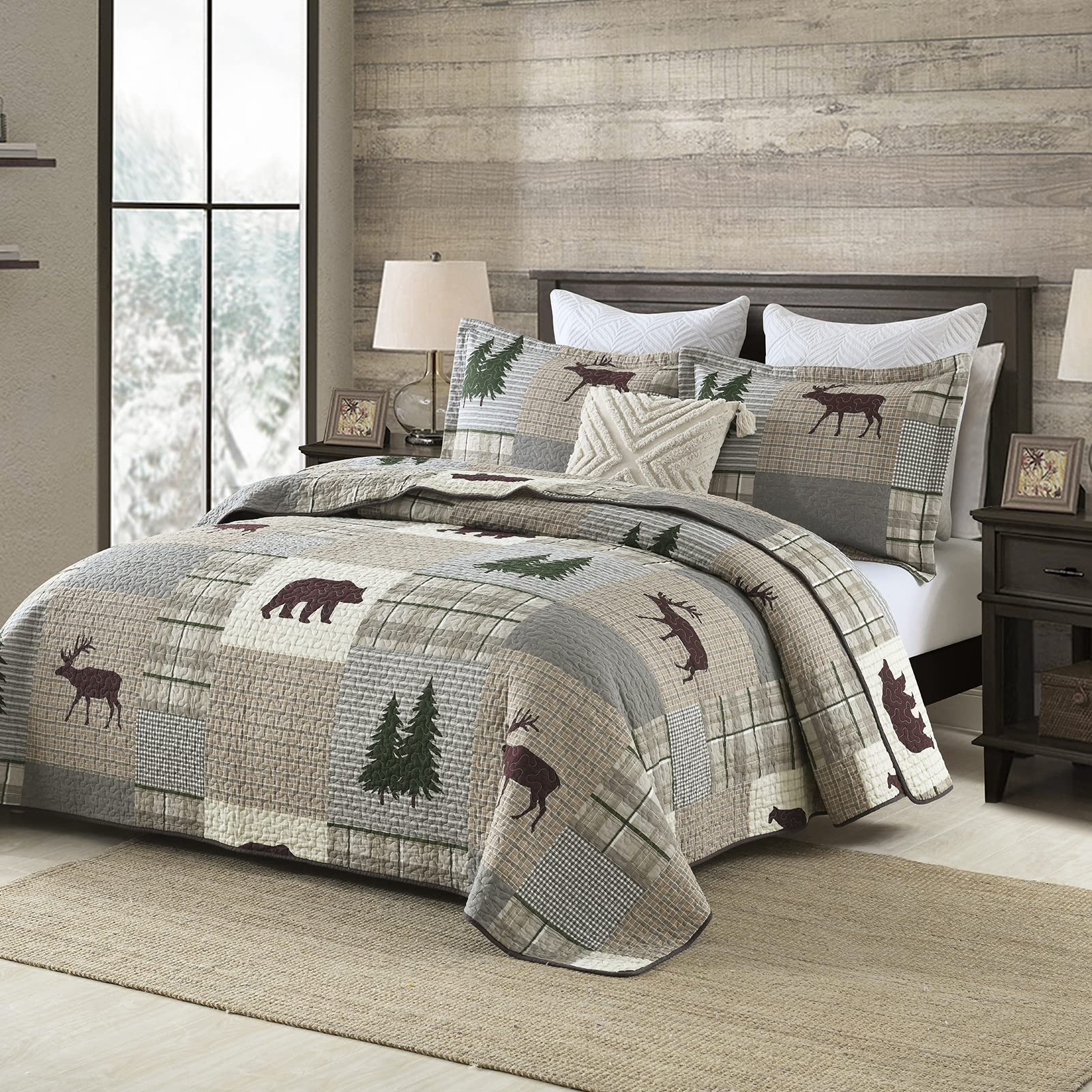 Y-PLWOMEN 100% Cotton Farmhouse Plaid Lightweight 3-Pieces Quilt Set (Blue Brown, Queen90 * 98 Inch)