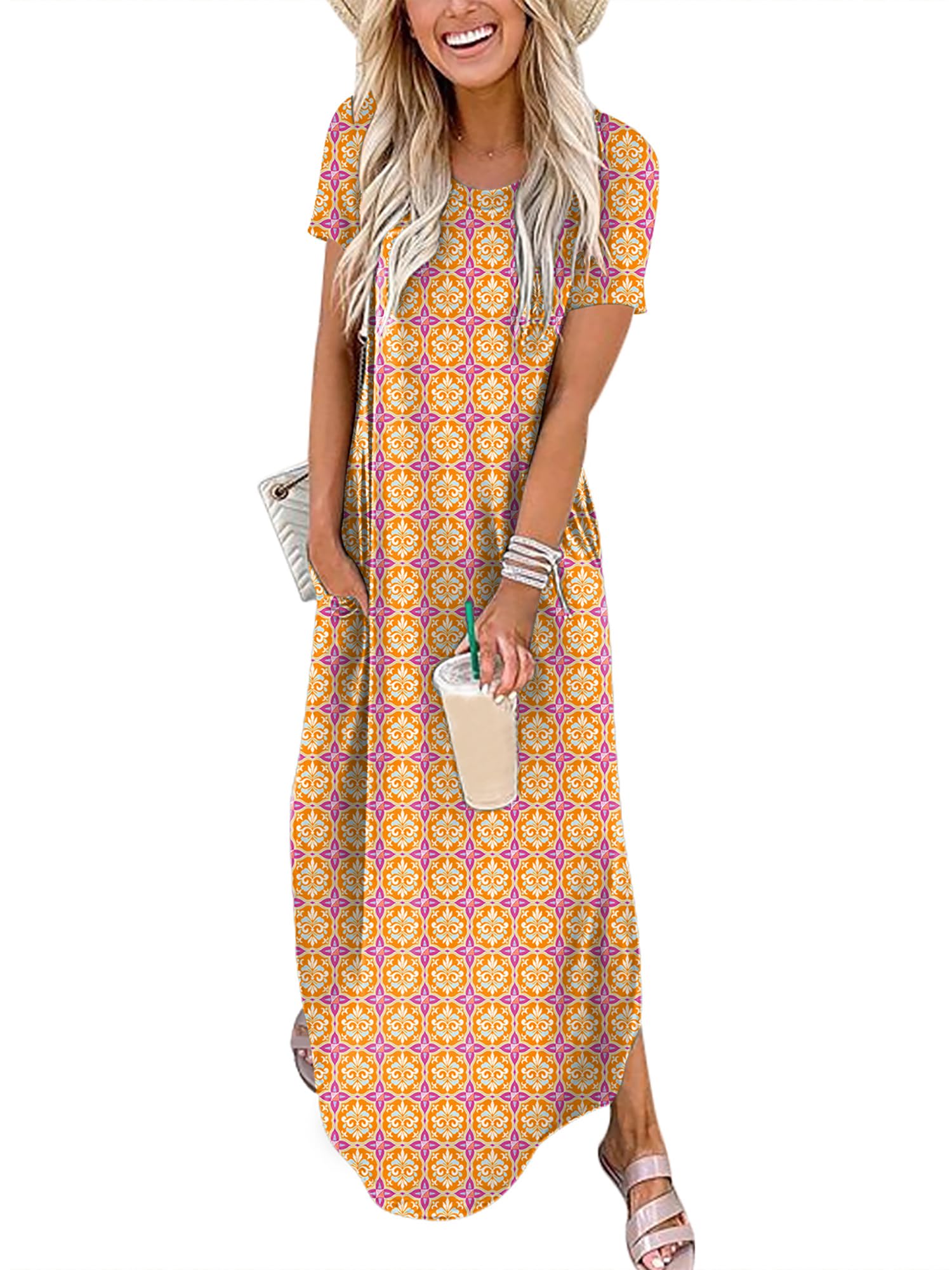 ANRABESS Womens Summer Maxi Dress Short Sleeve Casual Loose Long T Shirt Dresses Split Vacation Beach Sundress Travel Outfits