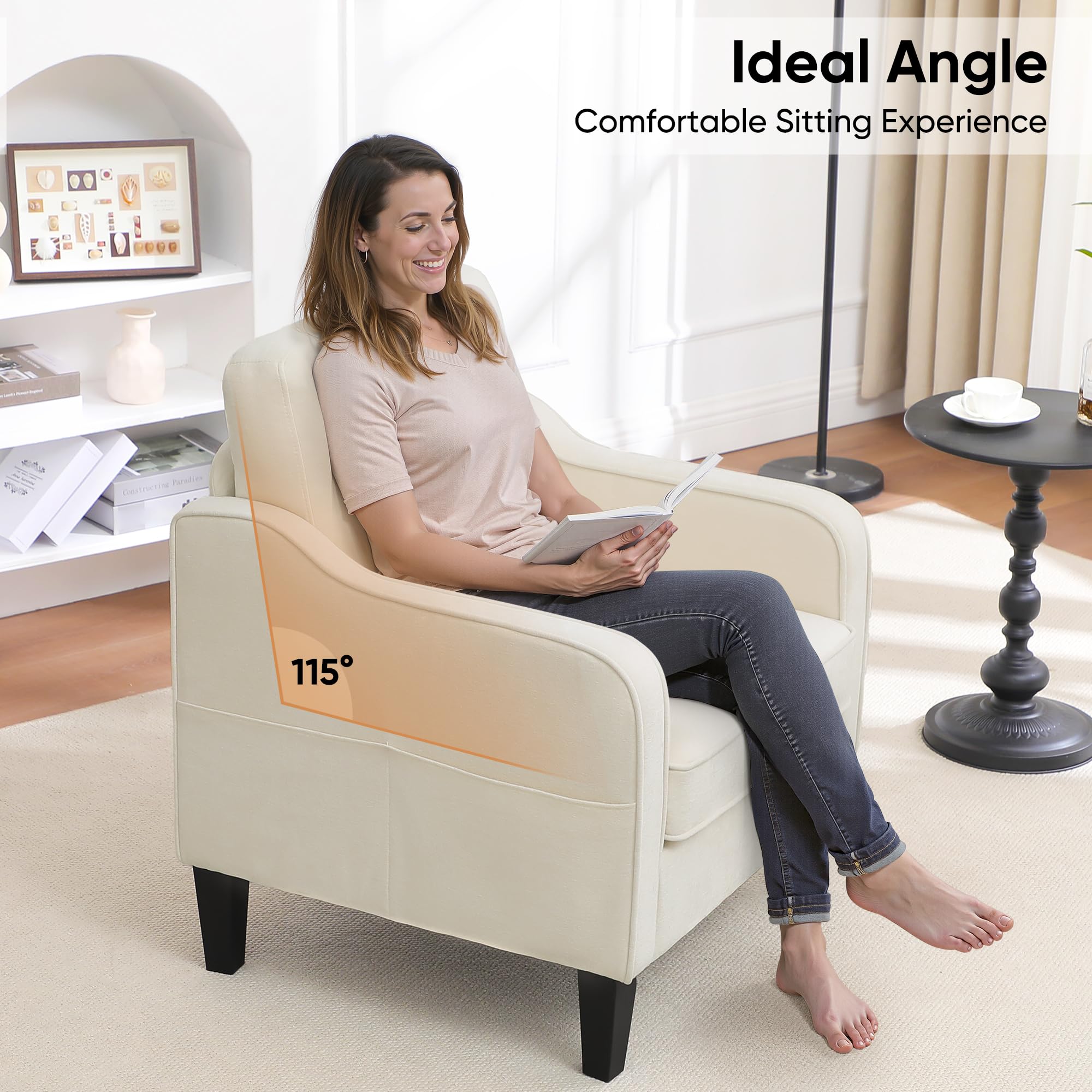 Accent Chair for Living Room, Mid Century Modern Reading Chair for Bedroom, Upholstered Armchair with Side Pockets, Comfy Single Sofa Side Chair for Office, Apartment, Small Room, Beige