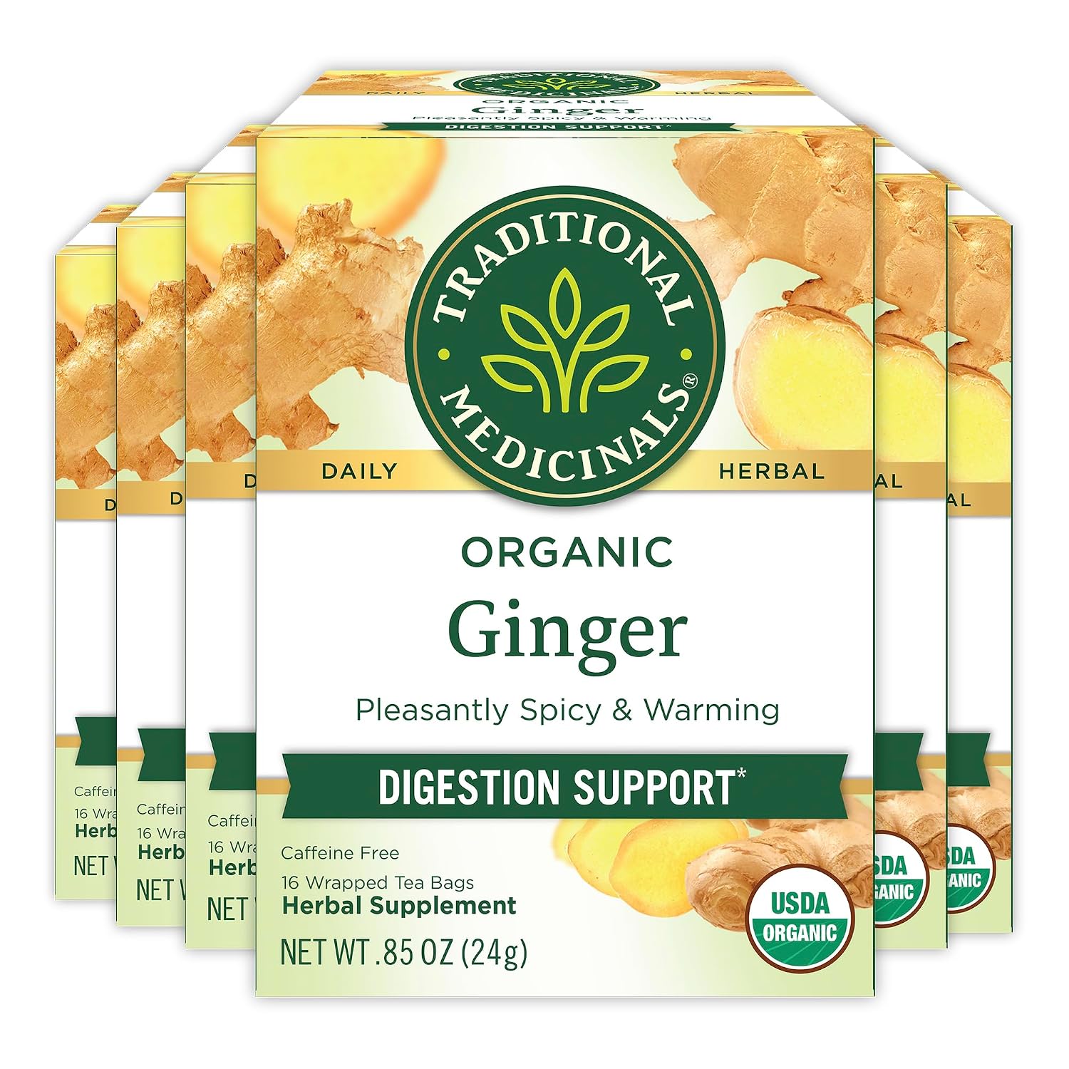 Traditional Medicinals Tea, Organic Ginger, Healthy Digestion, Pleasantly Spicy & Warming, Kosher, Non-GMO, Caffeine-Free, Compostable - 96 Tea Bags (6 Pack)
